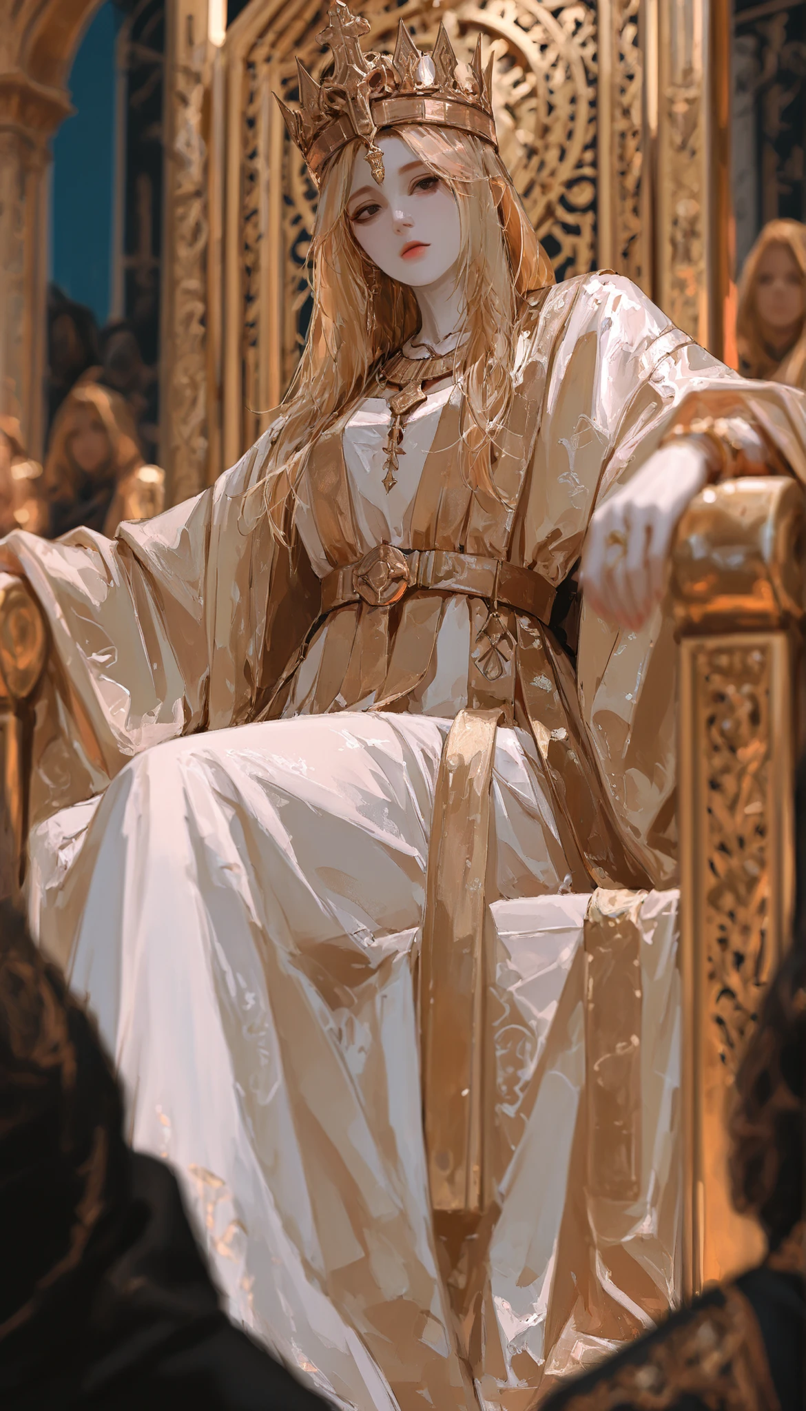 (Masterpiece), best quality, highest quality, highly detailed CG unity 8k wallpaper, original, high resolution, (depth of field: 1.5), fidelity: 1.3, solo focus, queen, blonde hair, black eyes, white skin, ancient costume, extremely gorgeous, complex, many intricate jewelry, sitting on a high throne, palace setting, many people are courting the queen, zoomed out, standing, view from below, looking down,