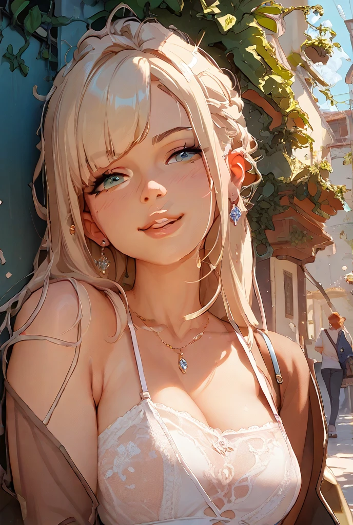((Biologically correct number of limbs))、4K、((standing position))、masterpiece、((focus on the face))、((Symmetrical facial features))、Eyes with detailed description、Beautiful woman、outstanding style、beautiful arms、beautiful legs、beautiful hands、(small ass、thin thighs）、Detailed depiction of faces、small earrings、necklace、(uniform、skirt、high heels、stockings）、background full bloom flowers、long hair、((Wide white border on all four sides))、smile、big eyes、high angle、close up of face