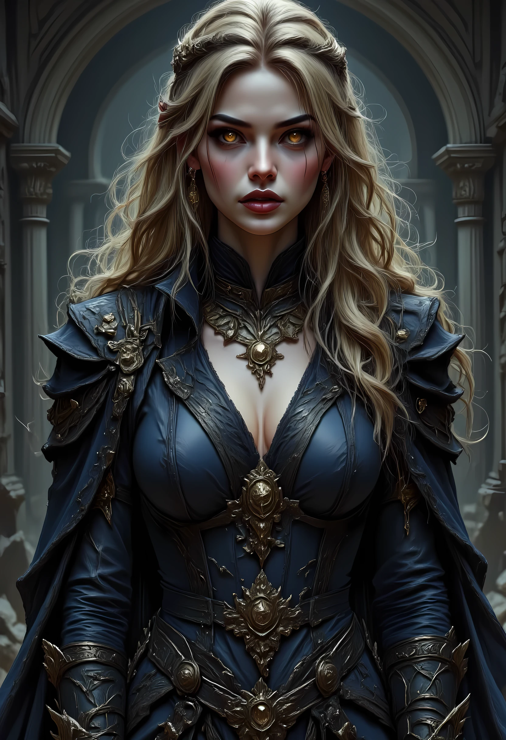  Arafed, a portrait of an vampire woman, full body shot, exotic beauty, long hair, gold hair, emerald green eyes, glowing eyes, vampire fangs, dark red lips, glamour shot, she wears an blue elegant suit, intricate suit. leather suit,  small cleavage, gold rose, high heel boots, full body shot, 16k, ultra detailed, masterpiece, best quality, (extremely detailed), arafed, dnd art hyp3rd3tail style