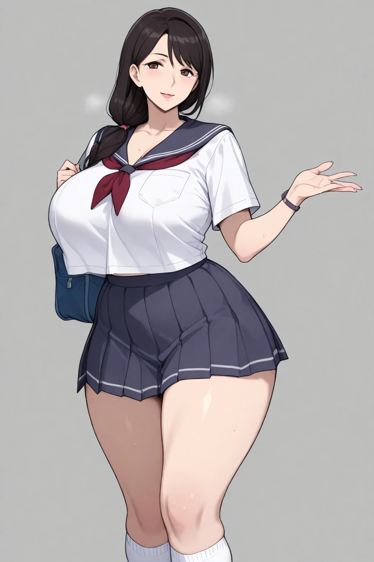 blank background, (((full body))), (masterpiece), ((best quality)), (very short girl), flat chest, short twintail, wide hips:1.8, (thick thighs:1.5), (very short skirt), toeless footwear
