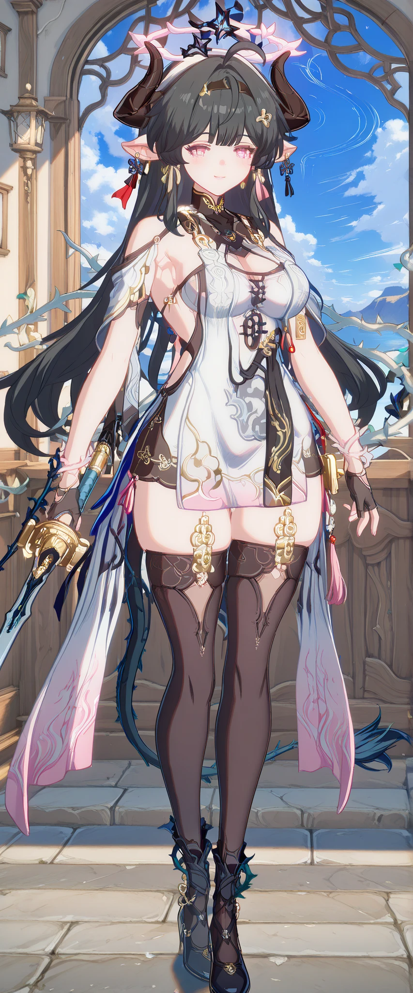 long hair, black hair, medium breast, slim legs, happy, bluish gown, cleavage, arabian belly dancer , short skirt, rin tohsaka, twin tail, navel, garden, blue eyes, tiara, standing, thigh high socks, sunlight