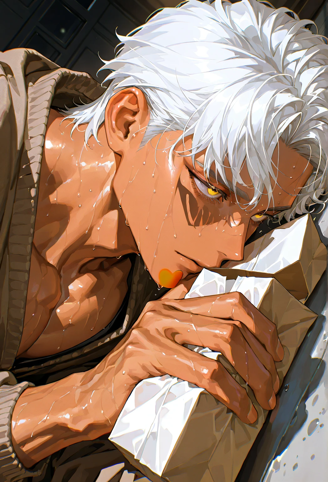 1 naughty man, naughty man, White hair, grey-eyed, calm expression, open black yukata with white details, Japanese battlefield background, wearing no shirt, Hands to the side, face detailed, stopped on the way, detailed back ground, prayer beads around the body