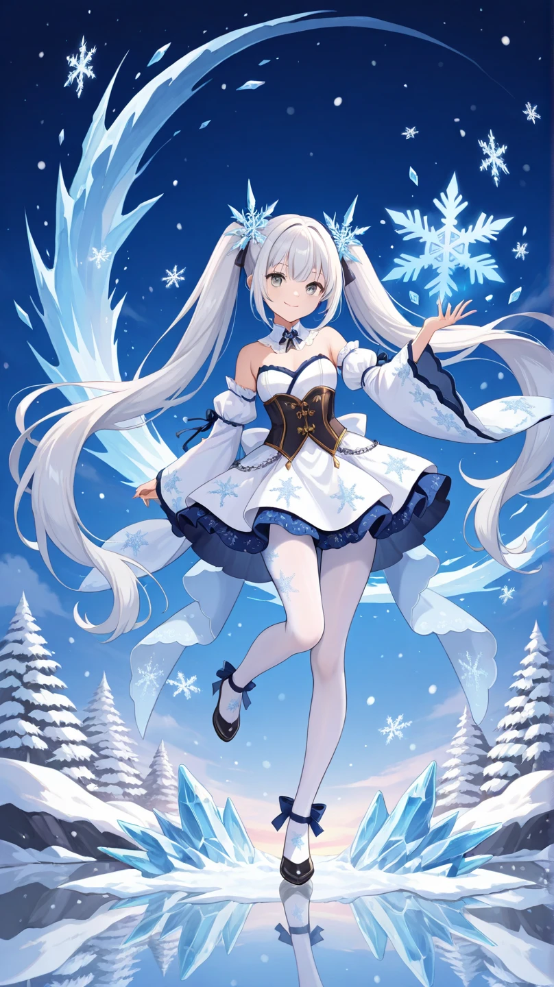 Cute girl wearing Santa Claus leotard、Light blue long hair、Twin-tailed、adorable smiling、In the snow forest、((Is it a snowflake?、It's shining all over)).night sky moon and star light、A reindeer and a pure white owl are together。