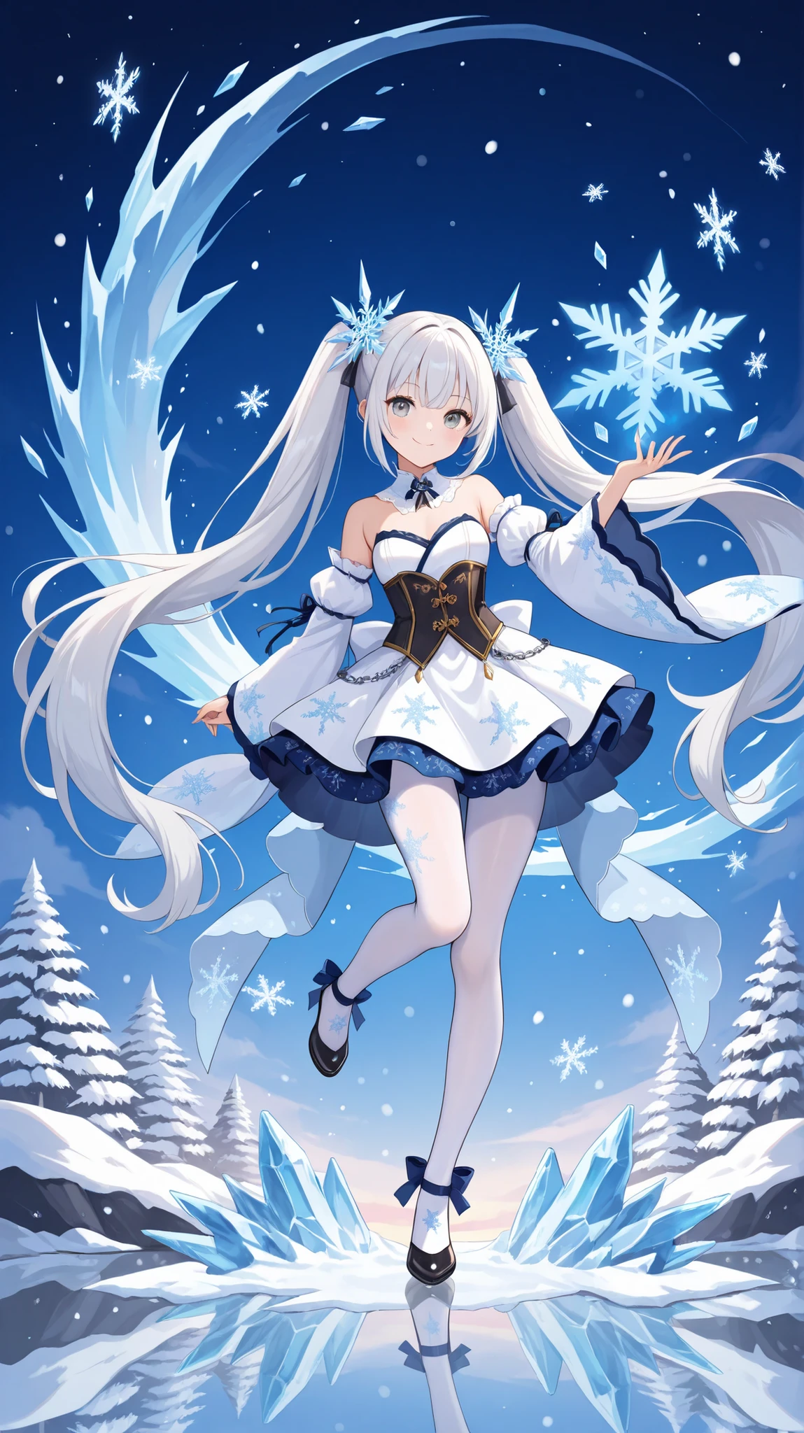 1girl, best quality, masterpiece, solo, snowflakes, long hair, high twintails, japanese style, gray eyes, detached sleeves, standing on one leg, dress, white hair, standing, smile, reflection, looking at viewer, full body, very long hair, hair ornament, sharp bangs, ice, snowflake print, detached collar, coronet, regal style, aristocratic clothing, white pantyhose, symbol on legwear, patterend clothing, ice magic, mystic scenery