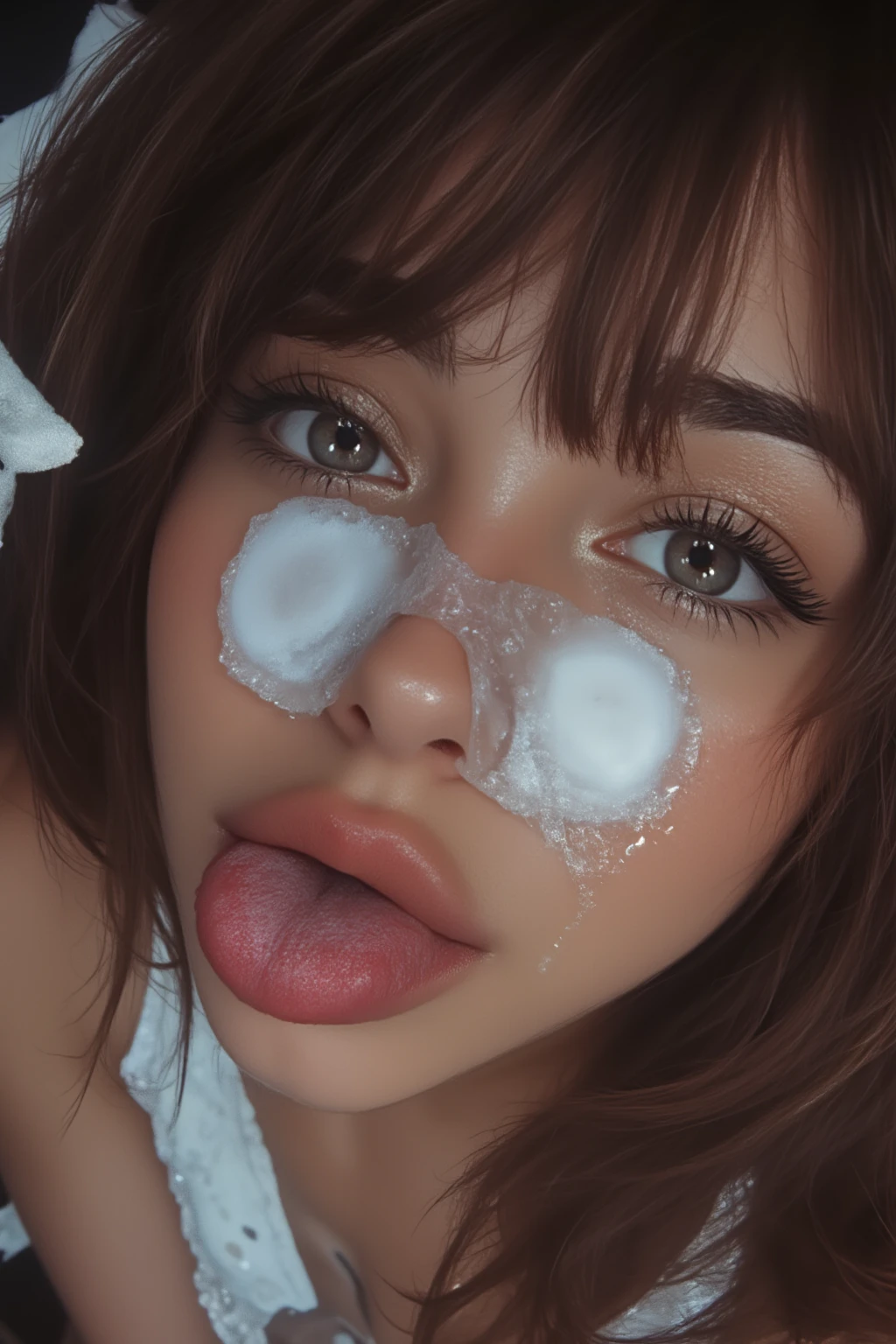 ((melhor qualidade)), ((Ultra resolution)), ((fotorrealista)), (detalhes intrincados), 19 anos, cabelo loiro, rosto perfeito, maquiagem:1.5, luz no rosto, detalhe do rosto, duende_cortar, white liquid coming out of the mouth white liquid running down the NSFW face