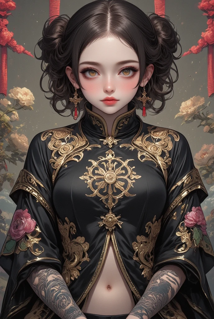 3/4 portrait of a beautiful woman in a beautiful avant-garde dress by vivienne westwood and gustav klimt, photorealistic anime illustration