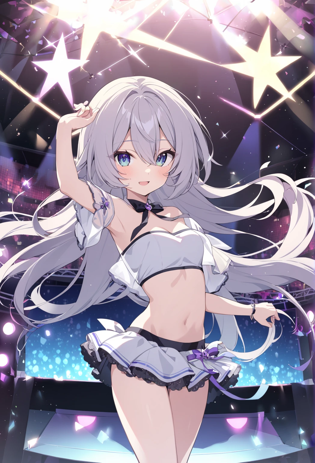 Photo session、Hot body、Blushing、There are cameramen around、Full Body、Small breasts、Light purple white hair、smug face、Dancer