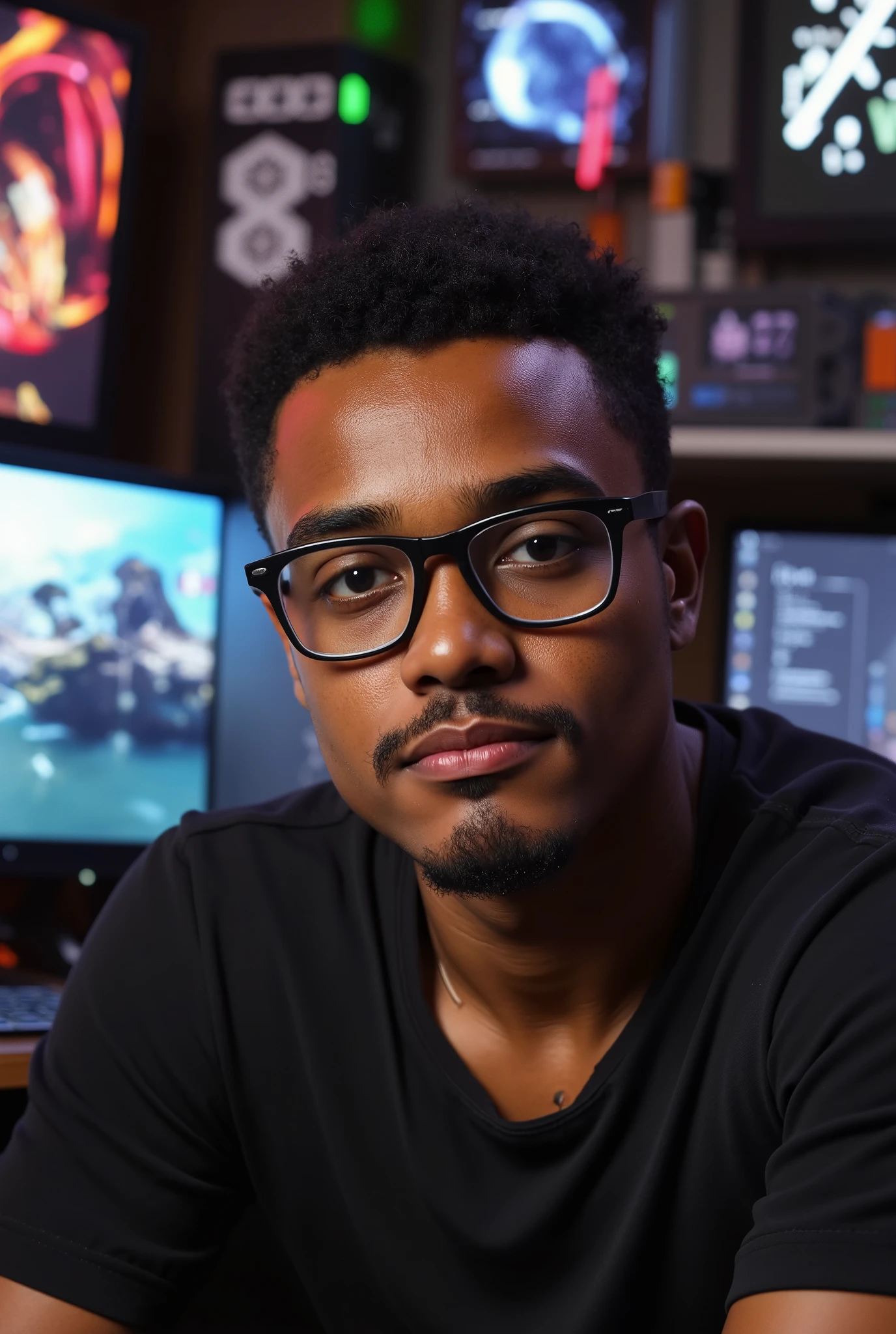 handsome black man wearing glasses and sitting looking at the camera, in the background there are computers and technologies, beautiful art.