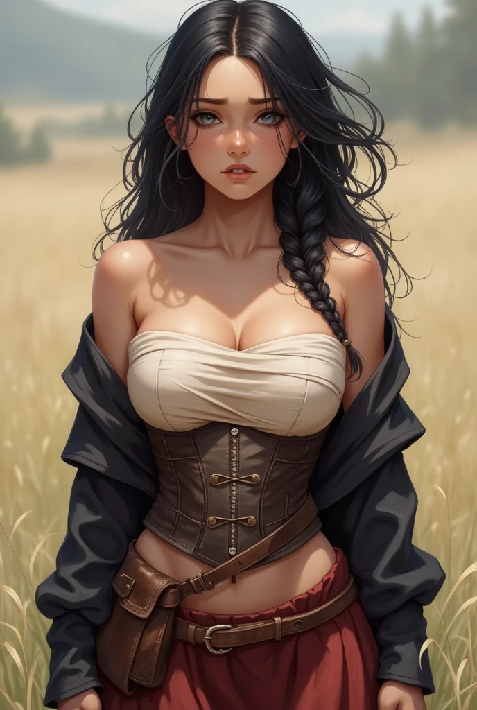 A young woman, long messy hair, dark skin, polka dot skirt, white shirt, smirk, navel, beautiful detailed eyes, film, drawn by Greg Rutkowski, Yoji Shinkawa: 0.6
