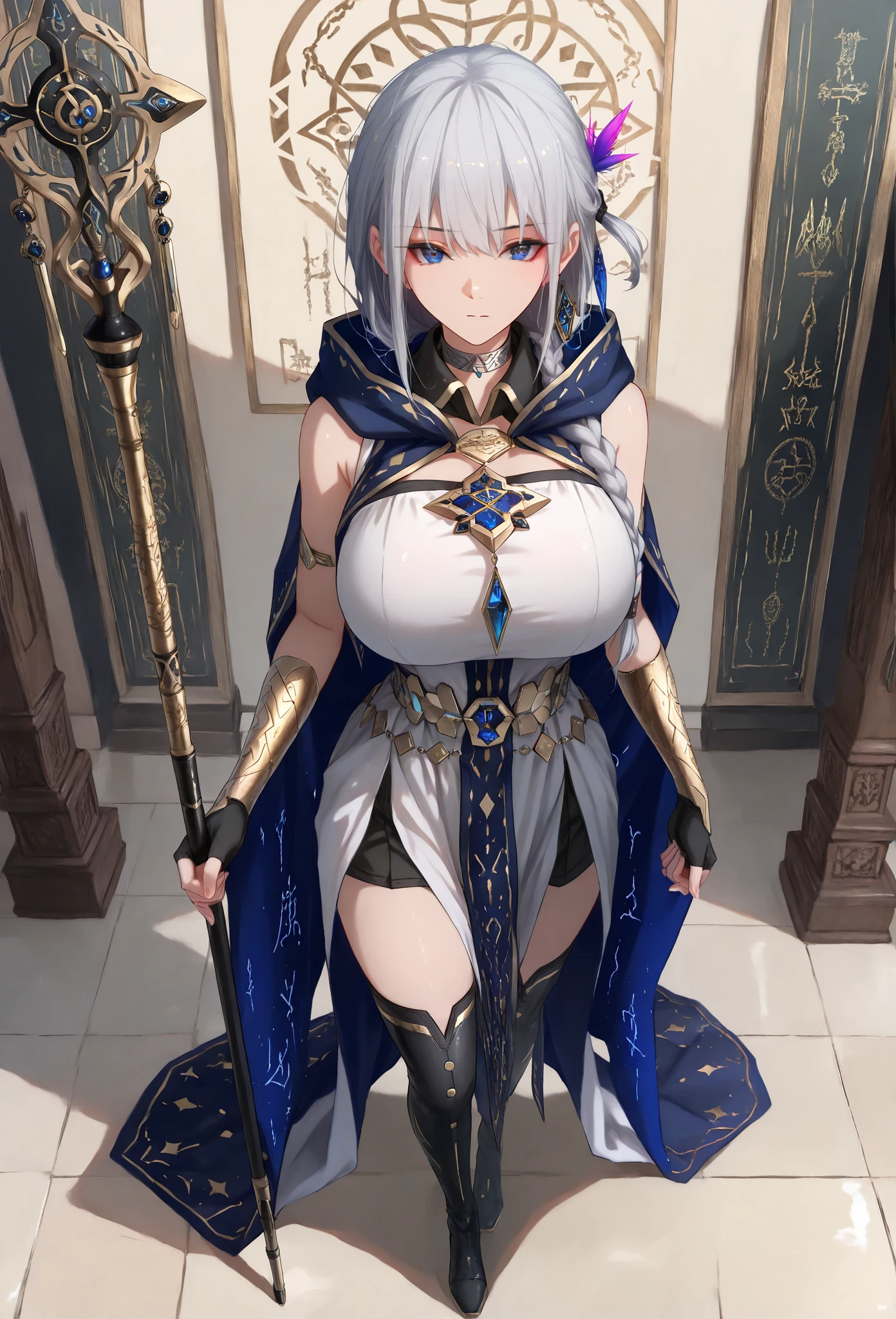 4K,hight resolution,One Woman,White purple hair,Long ponytail,Blue eyes,Colossal tits,black knight dress,Brown Long Boots,jewel decorations,Big Japan Sword,Medieval castle town