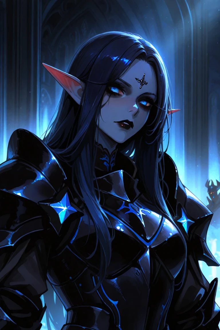 <lora:gothgalarmor:0.7>, gothgal wearing drk_glam armor, female knight, dark_glam, black Neatly trimmed side-swept hairstyle with a subtle wave, piercing silver eyes, cowboy shot, detailed symmetrical eyes, castle exterior at night, full moon, elf ears, fantasy character art, <lora:detailslider:0.5> || skin, hair, metal armor, masterpiece, 8k, high resolution, shallow depth of field, sharp focus