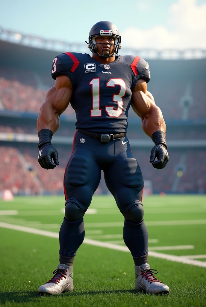 Create a realistic image of a football player wearing the blue number 6 uniform with the uniform stuck to his body due to sweat