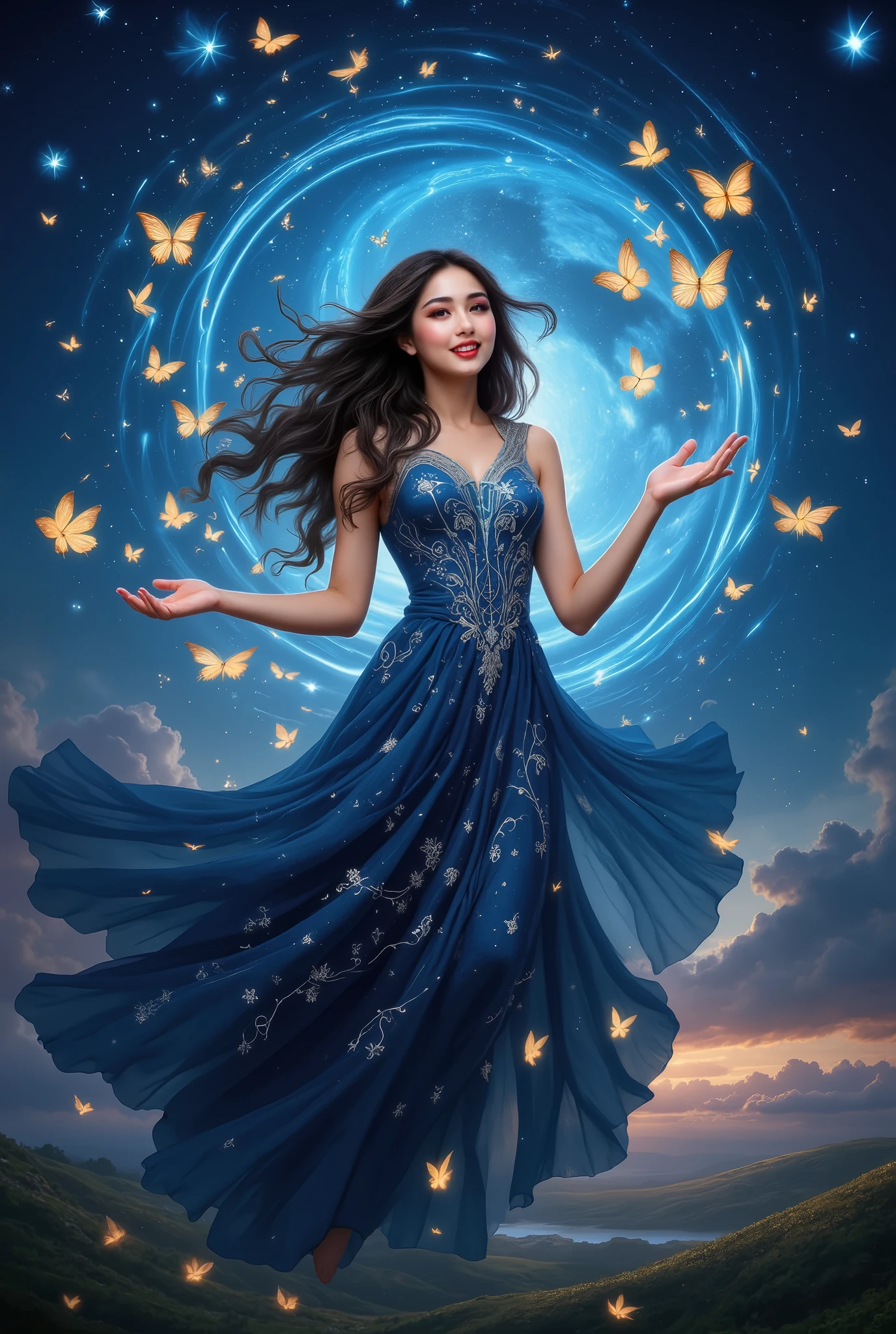 A captivating portrait, rendered in the style of Art Nouveau and Fantasy Art, depicts a young, ethnically ambiguous woman, approximately 20 years old, with a warm, inviting smile and expressive brown eyes. She is gracefully levitating amidst a flurry of iridescent butterflies, their wings leaving shimmering trails of golden light across the canvas. Her flowing, ethereal gown is a masterpiece of midnight blue silk, adorned with silver embroidery depicting swirling vines and blossoming flowers; it pools elegantly around her as she floats. Her long, dark hair cascades down her back, interwoven with delicate silver threads that catch the light. She holds her hands outstretched, palms upward, as if gently guiding the butterflies, her pose conveying a sense of serene power and enchanting magic. The background is a twilight sky, painted with deep blues and purples, punctuated by soft, glowing stars. The scene is bathed in a soft, ethereal light, illuminating the fine textures of the silk and the delicate wings of the butterflies. The overall mood is one of whimsical wonder and enchanting magic, creating a truly breathtaking and visually stunning composition. The perspective is slightly elevated, offering a three-quarter view of the enchanting subject. A wide-angle lens is used to fully encompass the magical scene.