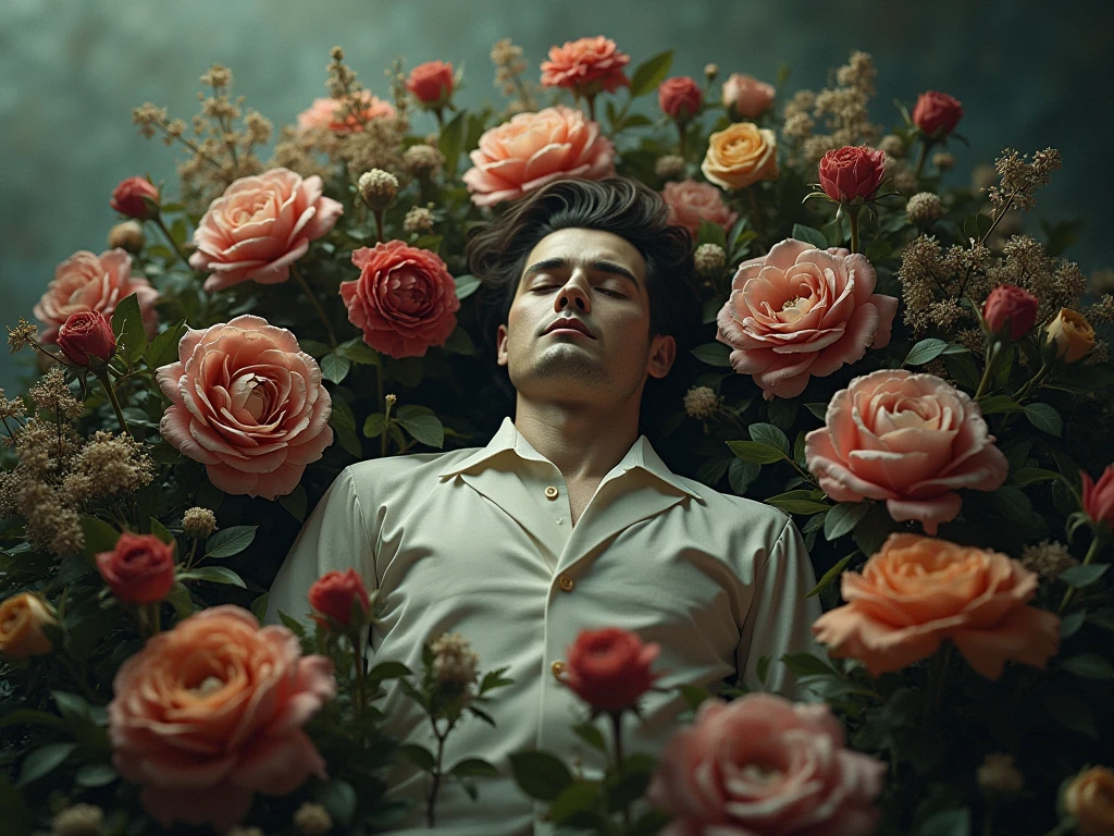 (masterpiece, best quality, dreamlike, hyperrealistic, 4k:1.35), (((1boy))), (Prince Narcissus is a beautiful royal lithe slender androgynous male parasitic flower, Prince of Flowers, narcissistic vain squeamish haughty overflown with scorn and disdain matching his exceptional beauty, his smell is exotic and enthralling permeated with hallucinogens and pheromones, separating him from his roots and his tubers would pretty much castrate him, he is such a fragile beauty:1.65)