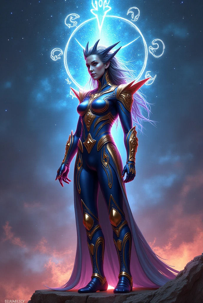 hembra alienigena extraterrestre (mezcla de nebula de marvel comics y neytiri de avatar), ojos grandes, traje ultratecnologico, se encuentra en centro de control de estacion espacial.