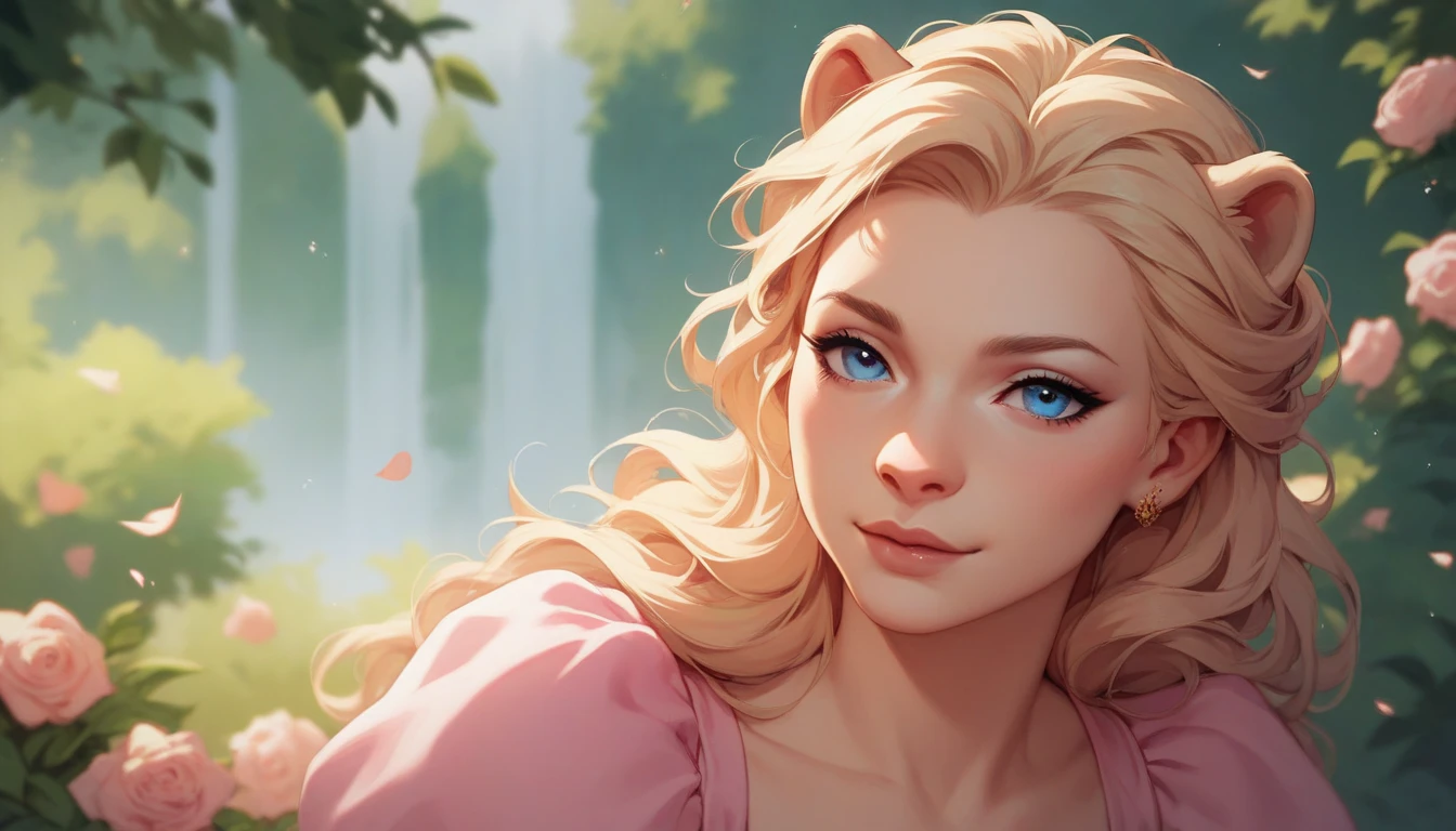 "A little human girl, 6 years old, long blonde hair, beautiful green eyes, simple pink dress, in profile to the viewer, looking at a bright fairy, enchanted forest in the background, small floating glowing spheres."
