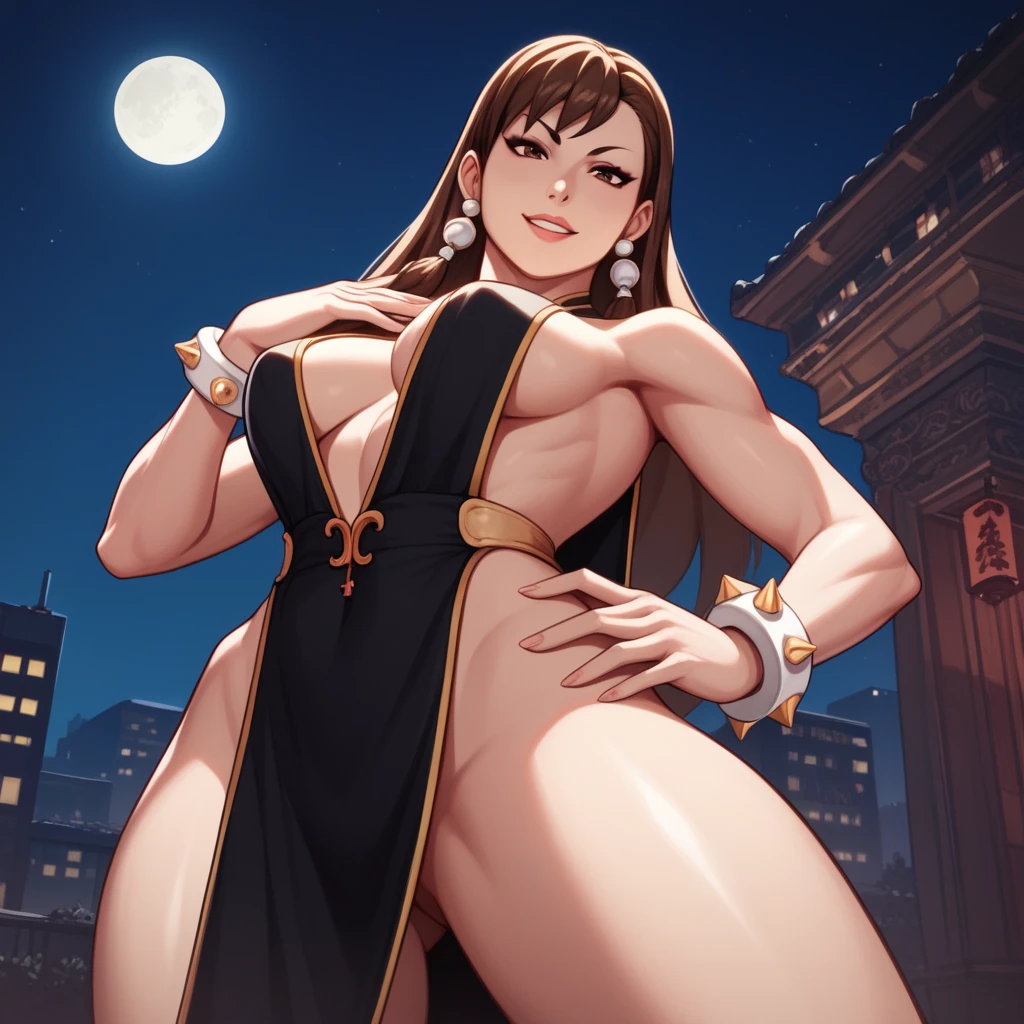 masterpiece, high resolution, best quality, beautiful art, 1 woman, solo, Rinna Mayfield, big breasted, cleavage, mature woman, sexy body, blue_japanese_clothes, sleeveless, white stockings, pelvic curtain,sexy outfit, full body, sexy legs, hips and thighs, dancing seductively, showing white panties at dancing, sexy moves, smiling joyfully, looking at the viewer, beach environment 