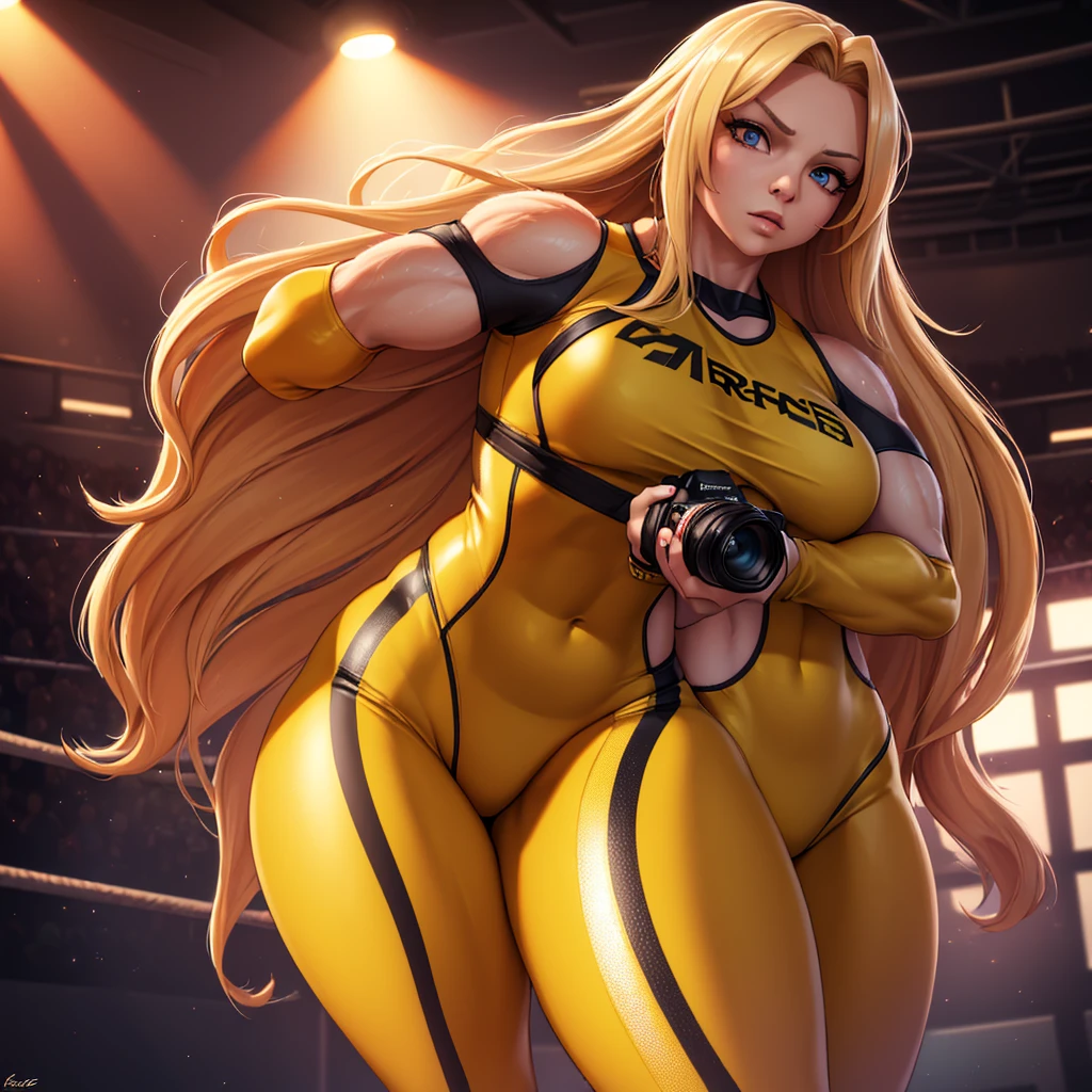 3dmm style, (Full body portrait), (masterpiece, top quality, best quality, blonde cornrows, realistic, downturned eyes, full lips, big lips, gothic makeup, black bandana, 1girl, best quality, intricate details, looking at viewer, ultra realistic 8k cg, picture perfect face, gold pupils, flawless, clean, masterpiece, professional artwork, famous artwork, film lighting, film Bloom, perfect face, beautiful face, beautiful eyes, skin spots, ((perfect female body, super-narrow waist, massive thighs, beefy quads, beefy calve muscles)), (legs spread apart), fitted design, hoop earrings, double breasted, hot pink acrylic nails, White Nike AirForce Ones, gold accents,