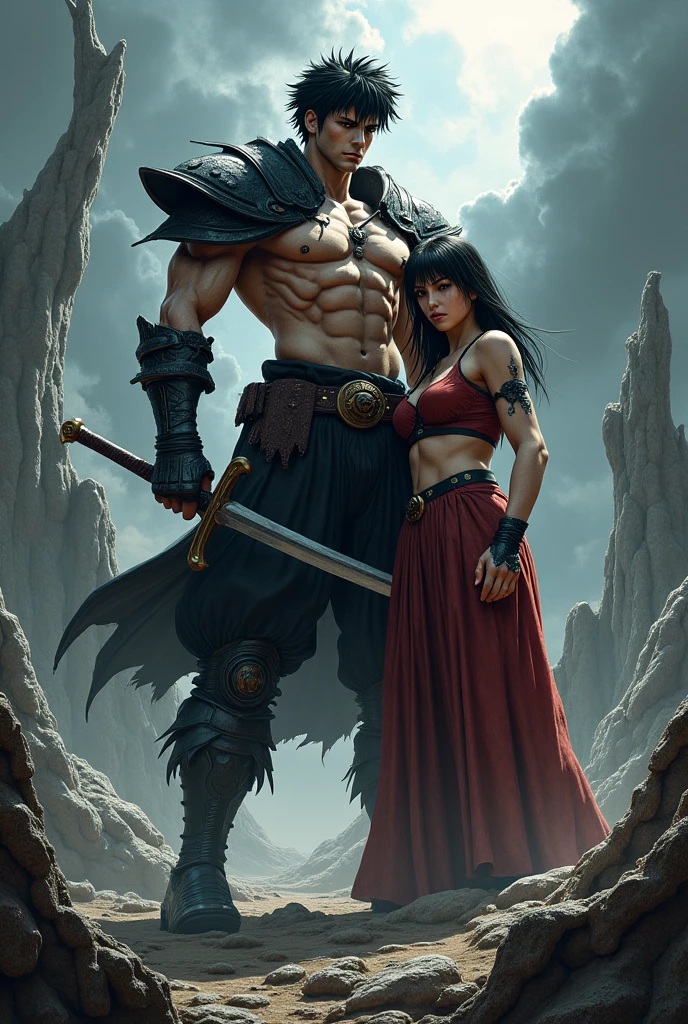 High resolution drawing of big warrior with his back to the camera in futuristic armor with muscular body, head to the right looking at an unclothed woman on her knees with huge breasts, walking in a destroyed forest with burning trees, eagles and crows flying in the sky at dusk