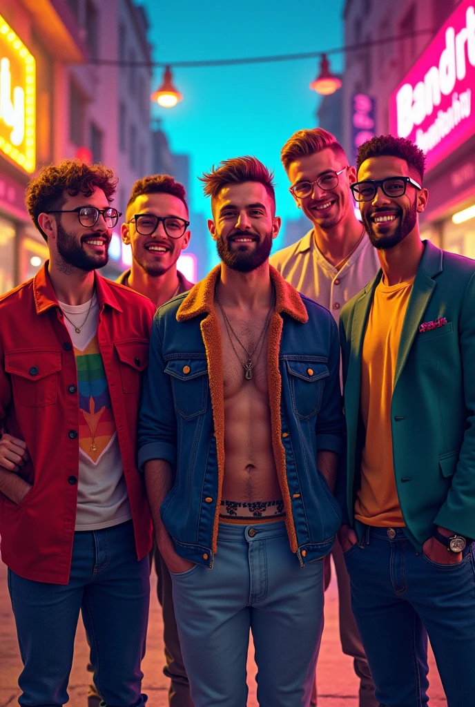 Guy in lingerie surrounded by five guys