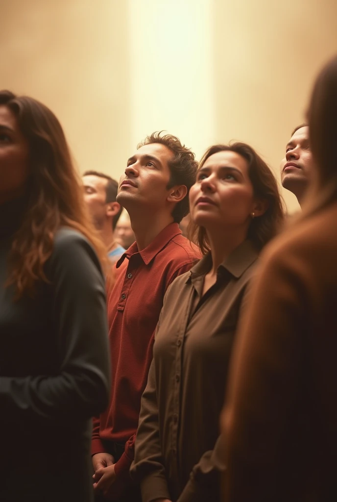 A peaceful scene with people from different races and ages looking up with hope and peace. Subtle light from above touches their faces. Text: “That’s Easter. A promise of hope.” realistic portrait