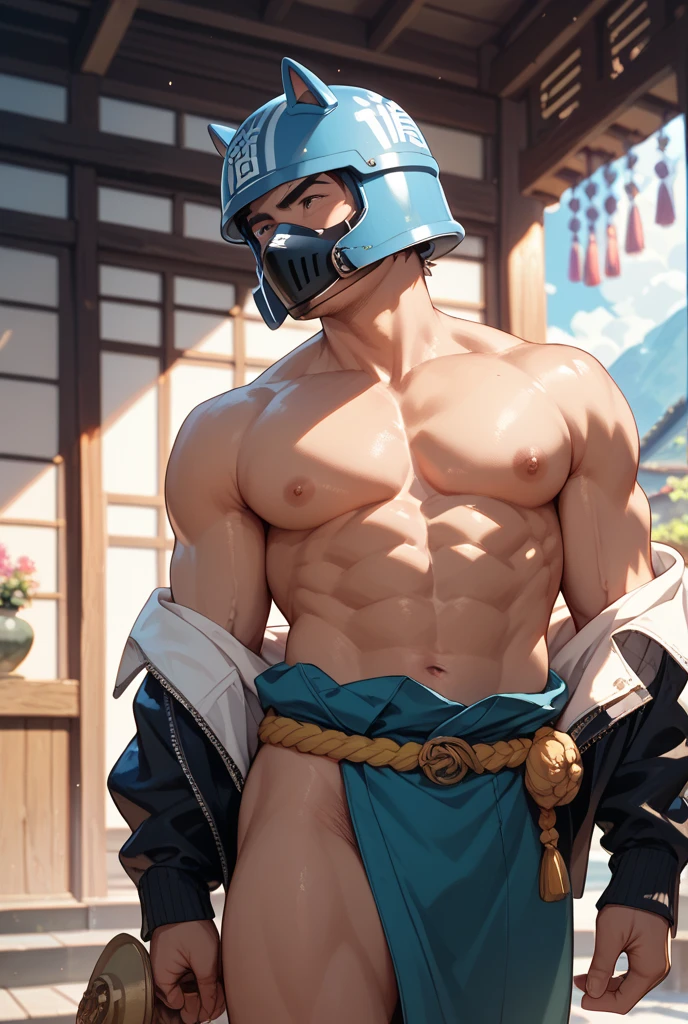 LeeSin, shaved head, long black braid hairstyle, red blindfold with decoration, bristle, chest tattoo, abs, naked torso, white and red bandages on the arms, black pants with decoration, white and red bandages under pants, shoes, 2men, muscle body, hunk, big, wet skin, define abs, sucking my penis on the bed, deep throat, no beard, oily skin, industrial, underground, leaning, nipple piercings, shirtless, necklace