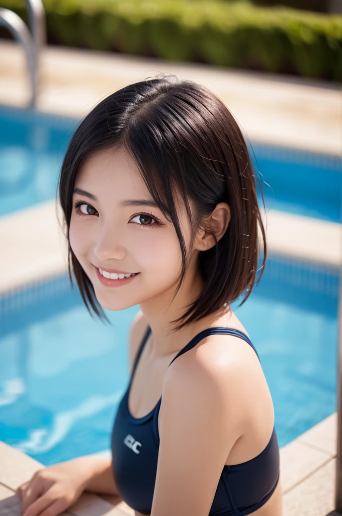 masterpiece, whole body, ((Black Straight hair, Short Bob, 18-year-old:1.2)), blue eyes, Beautiful Eyes, archaic smiling, AKB, ((very small bust, indigo one-piece swimsuit:1.2))