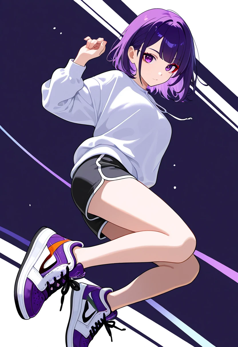 (T Masterpiece,4k wallpaper,best quality))、((girl1people))、(solo)、Shining and vivid,(purple hair)、(shortcut:1.3)、smile、(shoes:1.3)