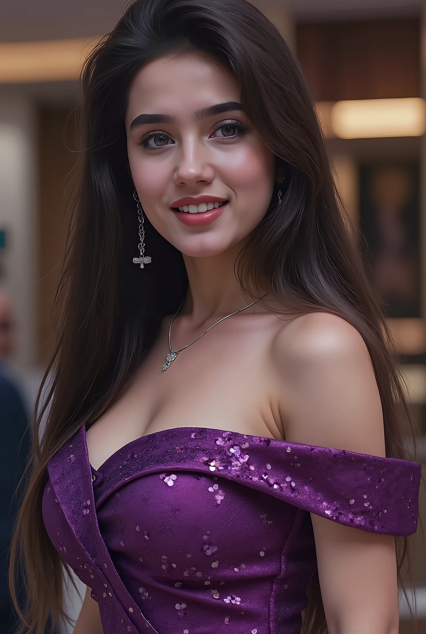 Beautiful Indian Girl in purple sequin, Off shoulder sequin, Showing Breastbone, Beautiful 20 year girl in Sequin, Big breast, Slim Body, Black Long Hair, Black Eyes, Beautiful Smile, Standing pose, Full Pose, Birds eye pose, Beauty Enhancing Make up, Necklace, Jwellery in Ear, Beautiful, 8k, Full HD image, Realistic, Ultra Realistic, Full Length picture, Full Body Pose, Long Legs, Shining Dress, Full length pose, Full body pose, showing legs, High heels