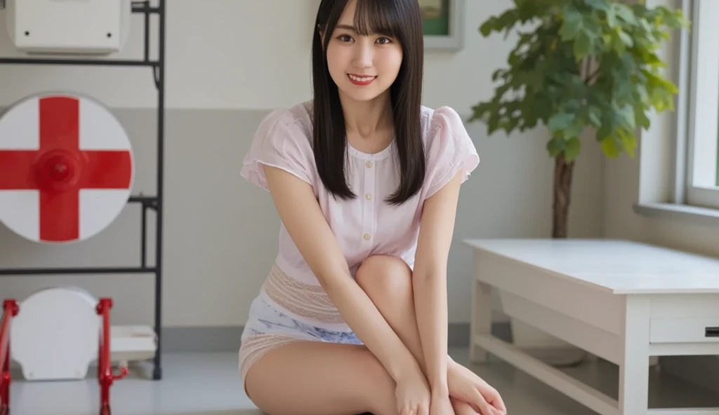 {Highest quality}、{so beautiful}、{Highest quality}、{Best illustrations}、super high quality、Japanese Girls1people、Casual clothing、Not wearing underwear、Ultra mini skirt、Not wearing panties、Attractive thighs、Both legsMWide open letters、Open your chest wide、Face of joy、Small breasts、smile、No underwear、Sitting、Knee Up、Facing forward、Flip up the hem of your skirt a little