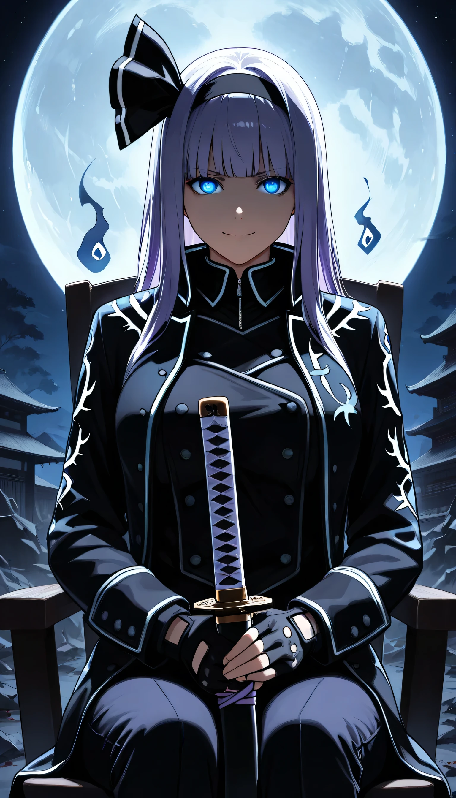 ,Give your images flat even illumination (negative) or dramatic chiaroscuro lighting (positive,Bloody Moon,destruction, fire, nighttime, dark, stars, moonlight, full moon,Thunderstorm around, serious boys, holding a katana, smile, mouth closed,dmc5vergil
black coat, fingerless gloves, pants,Looking at the spectator ,DMC5Vergil, , white hair, , ,motivatedchair,Sitting in a chair,Close view of spectator ,konpaku youmu, 1girl, solo, purple hair, black hair, blue eyes, , blunt bangs,
konpaku youmu \(mysterious sword master\), alternate color, alternate hair color, hairband, hair ribbon, black ribbon,
katana, ghost,long hair,Large breast ,glowing eyes