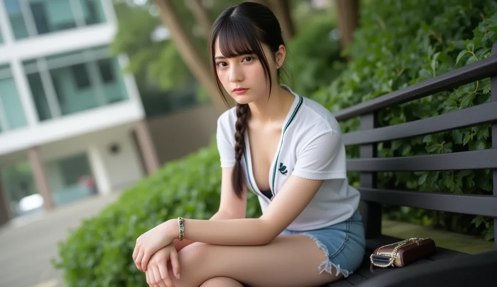 (highest quality,masterpiece:1.3,Ultra-high resolution),(Very detailed、Caustics) (Realistic:1.4, RAW shooting、)Ultra-Realistic Capture、Very detailed、Natural skin texture、masterpiece、(A Japanese woman wearing a T-shirt with a childish design:1.3)、Adorable expression、Expressions of happiness、14 years old、Height: 148cm、Young Face、Amazingly cute、Twin tail hairstyle、Straight hair、Scrunchie、necklace、Black Hair、light makeup、Slightly large breasts、Bare arms、Shining thighs、Shining ass、Photo shoot in a private garden、squat、Background in detail、Satin fabric panties are visible、smile、An inviting gaze、Anatomically correct、Cowboy Shot、Attention to detail、Pose that emphasizes the legs、
