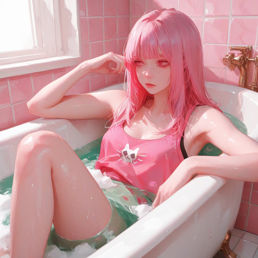 , pink water in a large bath, tinas, japanese bathhouse, Bubble bath, filled with water, brain in a vat!!, komono, Bath, bleeding in the bath, milk bath photography, in bathroom, 😭 🤮 💕 🎀 Reveal the small pink panties on the body