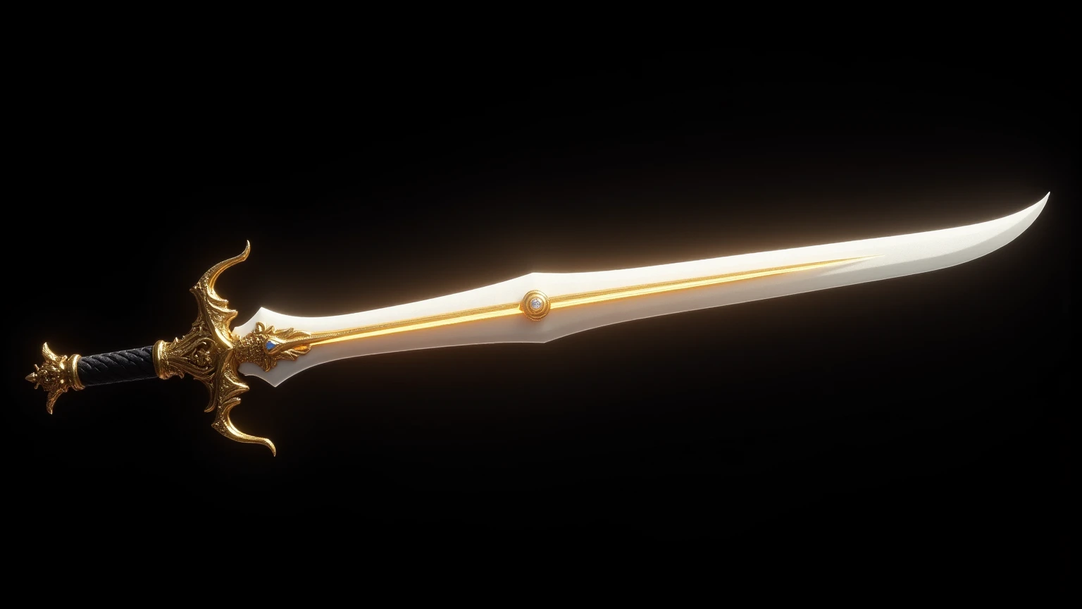 There is a symmetrical silver headband,Noble white blond headband,There is a yellow gemstone on the headband,prop design, Science fiction jewelry, keyshot rendering, godsent, a jewellery design, Fan art, arte renderizada, Protoss, blade design, shinning sword,