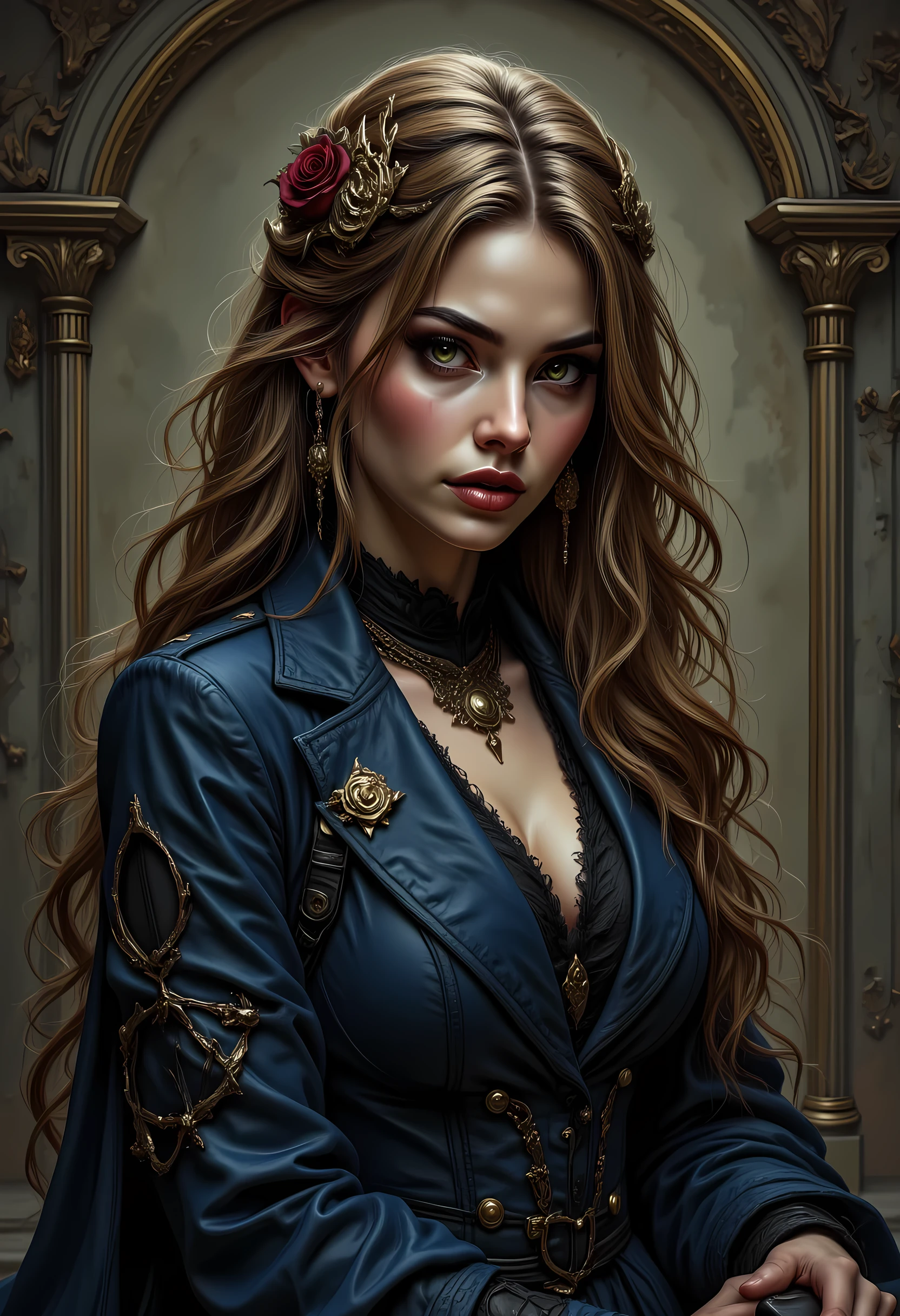 Arafed, a portrait of an vampire woman, full body shot, exotic beauty, long hair, gold hair, emerald green eyes, glowing eyes, vampire fangs, dark red lips, glamour shot, she wears an blue elegant suit, intricate suit. leather suit, small cleavage, gold rose, high heel boots, full body shot, 16k, ultra detailed, masterpiece, best quality, (extremely detailed), arafed, dnd art hyp3rd3tail style