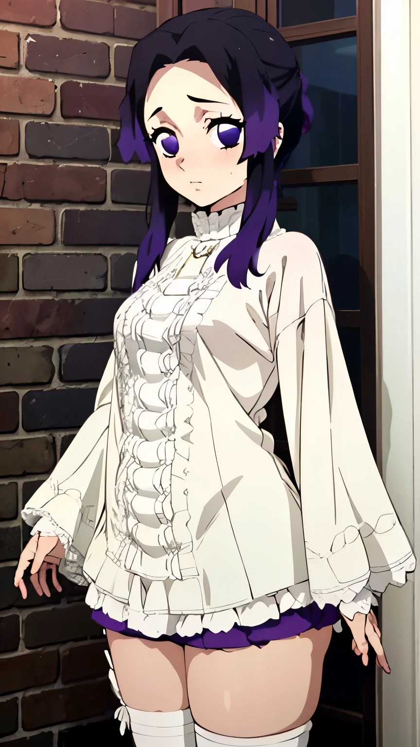 (masterpiece, best quality, high resolution, 8k:1.2), (anime coloring:1.2), 1girl, high resolution, unity 8k wallpaper, (beautiful detailed eyes:1.2), extremely detailed face, perfect lighting, extremely detailed CG, beautiful eyes, perfect eyes, detailed eyes, distinctive big highlights, symmetrical eyes, Purple Hair, Short Hair, (large butterfly hair clip), Pretty Parted bangs, purple eyes, narrow eyes, (slime), (small medium breasts:1.2), 
nffsw, (embarrassed expression, blushing), (dynamic sexy pose),   (gothic clothing, long sleeve, over the knee socks, women's mary jane shoes), (from front:1.3), (cowboy shot:1.2),looking at the viewer,