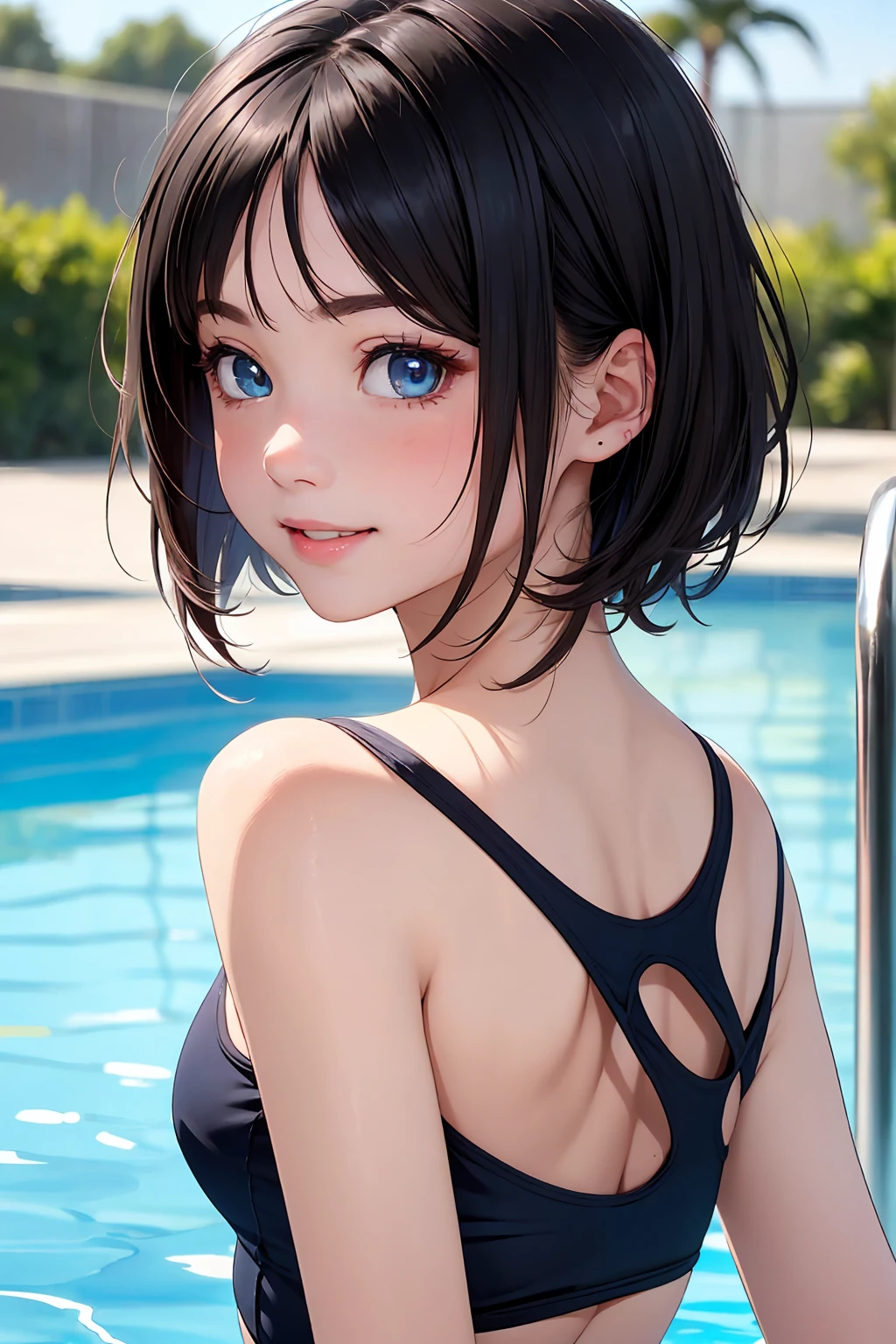 (old school swimsuit:1.3、Face enhancement:1.3, upper body:1.6, from above:1.3)、12 yers old、absurderes、detailed hair、Flat Lighting、dramatic angle、sexy pose、best quality、intricate detailed、Hyperrealistic、perspective, highly detailed, detailed background, illustration、1 girl、solo、small breasts、light smile, very short hair
