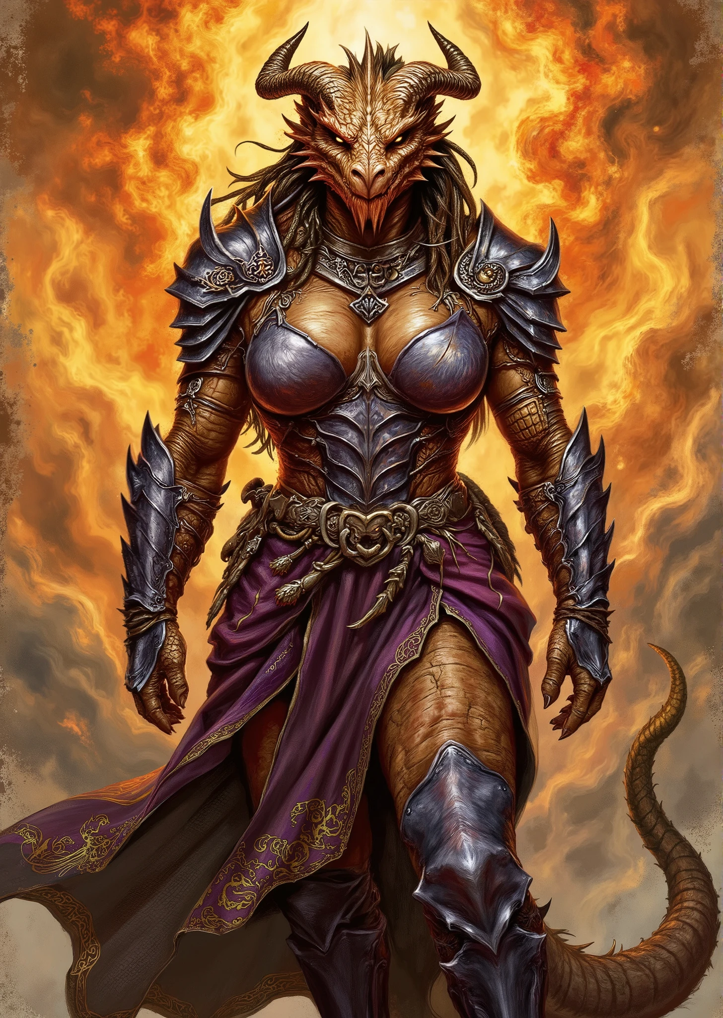 An extremely detailed comic book illustration of an extremely curvaceous Chromatic Bronze Dragonborn from Dungeons and Dragons which look like wingless bipedal dragons scaly bright-eyed and thick-boned with horns on their heads with a bronze coloration trained as a barbarian following the Path of the Zealot from dungeons and dragons heavily muscled powered by the primal forces of the multiverse that manifest as Rage more than a mere emotion this Rage is an incarnation of a predator's ferocity a storm's fury and a sea's turmoil covered in glowing religious looking tattoos and iconography whose Rage manifests as an ecstatic episode of divine union suffusing them with power equal part warrior and priestess wearing a form fitting sleeveless tunic which appears tough and rugged and emphasizes her massive breasts and extremely long legs with ornate shoulder pads that are intricately designed made of hardened leather a broad embellished belt cinches the tunic adorned with metallic accents and intricate patterns with various decorative elements hanging from it suggesting both style and functionality over a flowing layered skirt that is shorter in front and longer in the back made of a rich fabric whose hem is trimmed with golden details with hardened leather arm guards or bracers that complement her outfit and provide extra protection blending functionality with an aesthetic that signifies her strength and nobility as a warrior in an art style inspired by Frank Miller and Conan the Barbarian. The Background is awash in textured brushstrokes of brilliant dawn tones. Standing in a dynamic action pose. Trending on Art Station.
