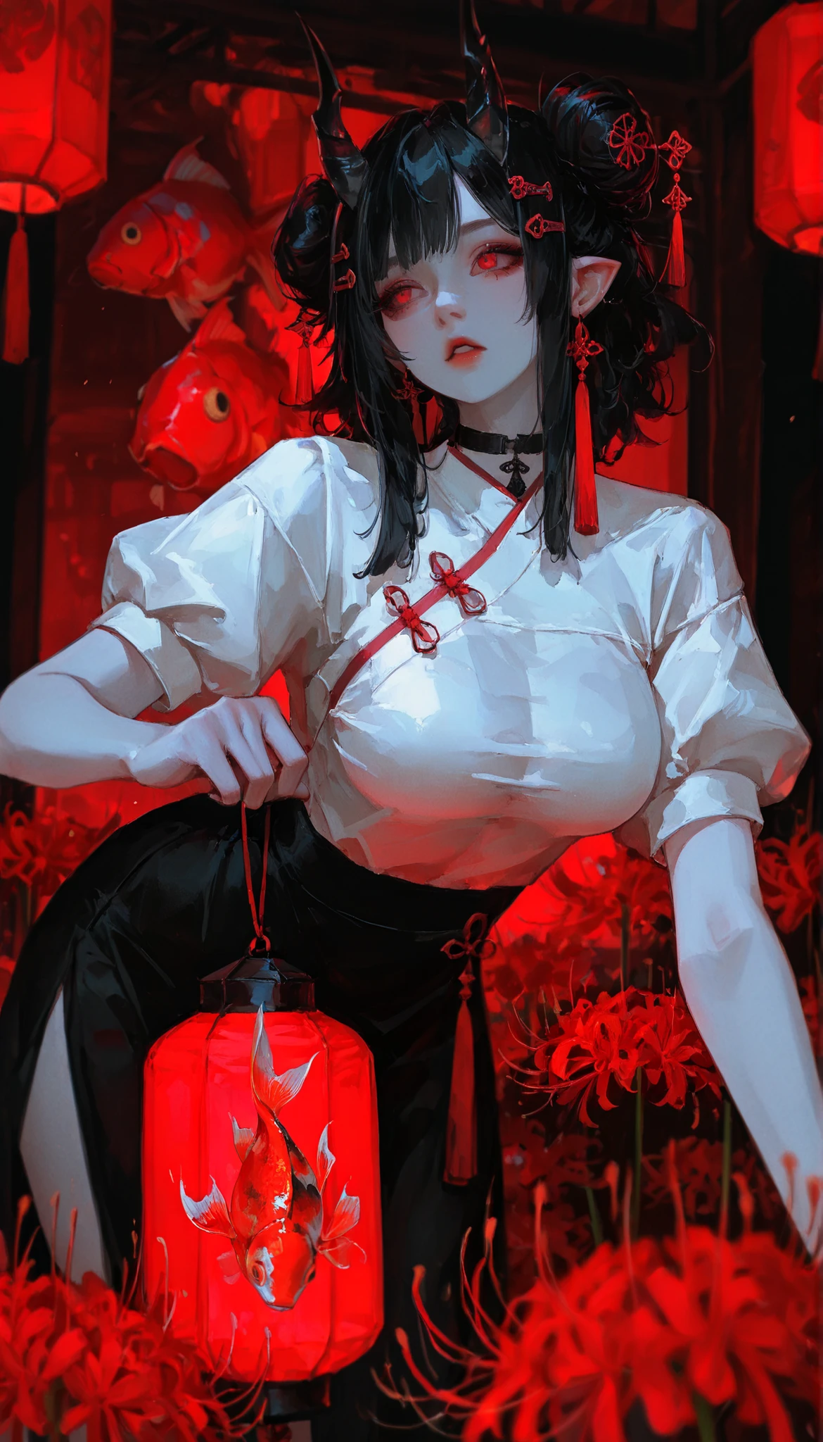 masterpiece, best quality, amazing quality, very aesthetic, cowboy shot, 1girl, (black eyelashes), emotionless, red eyes, asymmetrical hairline, very long sidelocks, black hair, medium hair, wavy hair, hair bun, double bun, tassel hair ornament, ((red spider lilies hairclips)), horns, pointy ears, large breasts, (petite but curvy), pale skin, black choker, chinese clothes, puffy short sleeves, short sleeves, shirt, white shirt, skirt, black skirt, jewelry, earrings, tassel, tassel earrings, solo, parted lips, looking at object, looking at lantern, holding lantern, ((bend over)), lantern, paper lantern, goldfish, koi, flying fishes, blurred foreground, depth of field