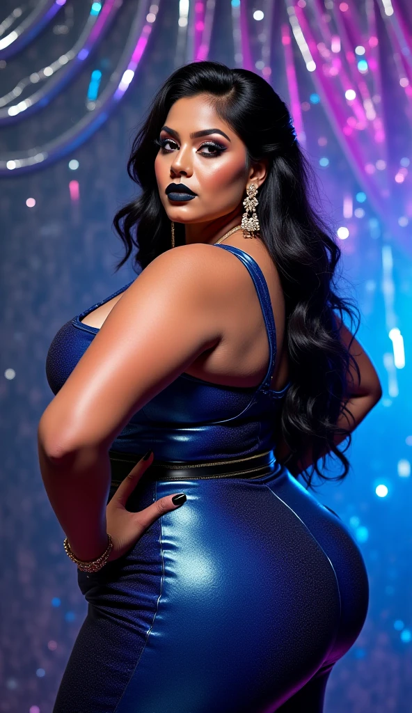 (masterpiece)), ((Best quality)), 8K, HD, Super Detail, (Woman), 3d art, 3d pinup, Latina woman, long black hair with purple highlights, tan-bronze skin, plus size milf body, chubby figure, chubby face, attractive face, mascara, purple lips, purple mascara, purple eyeshadow, beautifully detailed eyes, carefree smile, confident expression, walking down the streets of Miami, looking at viewer, (wearing black tank-top, shiny purple leggings and golden bracelets), wide hips, large thighs, beautiful thick female, thick thighs, she has a jiggly fat round belly, she has a wide load butt, 
