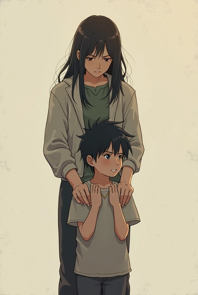 A girl with long black hair, kneeling tying a boy's shoelace