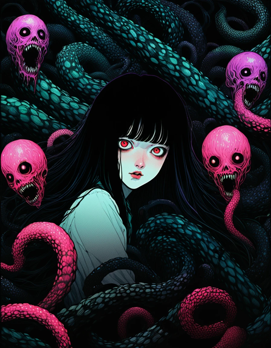 illust、art、from 80s horror movie, directed by Junji Ito、Naked Women、A woman with a scared expression、A giant, bizarre looking slug crawls up to you、Overaction、Overreaction、high detail, realsitic shadow、Analog style, vhs style, 8mm film, chromatic aberration, Dvd screengrab、Blue-purple and red-purple gradation、The woman's expression is clear