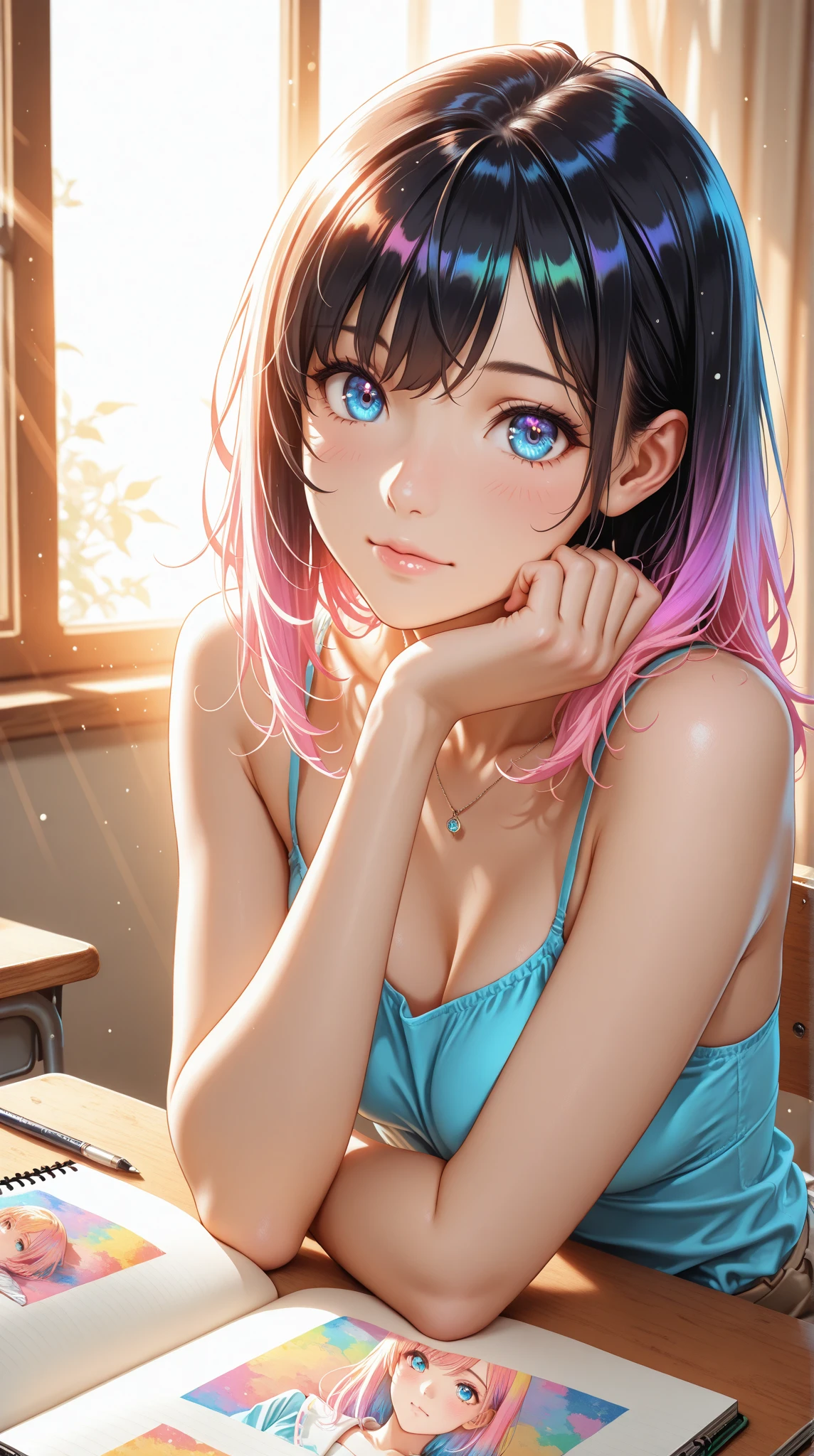 NSFW, (8K, RAW photo, 最high quality, masterpiece: 1.2), High-definition RAW color photo, Professional photo shoot, cinematic light, , (((young woman, gal))), (Sharp features), (Big eyes), (small face), (high detail skin: 1.2), clavicle, cute face, beautiful appearance, long eyelashes, (rainbow hair, blue eyes), (beautiful breasts:1.5), (slim body:1.5), (shy smile), very detailed顔と肌の質感, fine eyes, natural makeup, colorful costumes, Gorgeous Maid Clothes, bewitching woman, (((get down on all fours))), lift the skirt, female masturbation, Enjoying the act, A glimpse of sexy lingerie, staring eyes, beautiful skin, shiny skin, perfect fingers, five fingers, anatomically correct, background bokeh, high quality, surreal, bright colors, ((very detailed, photo shoot)),