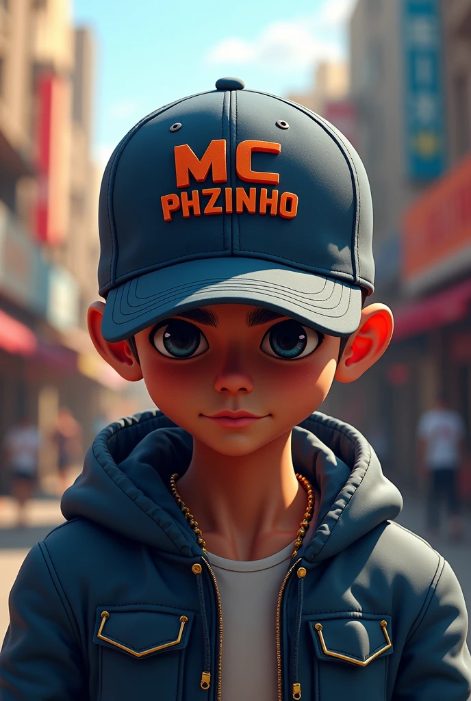 Little boy wearing snapback hat , and gold hip hop chain with pendant "84", pose ,hyper realist, colors of brazil in the favela