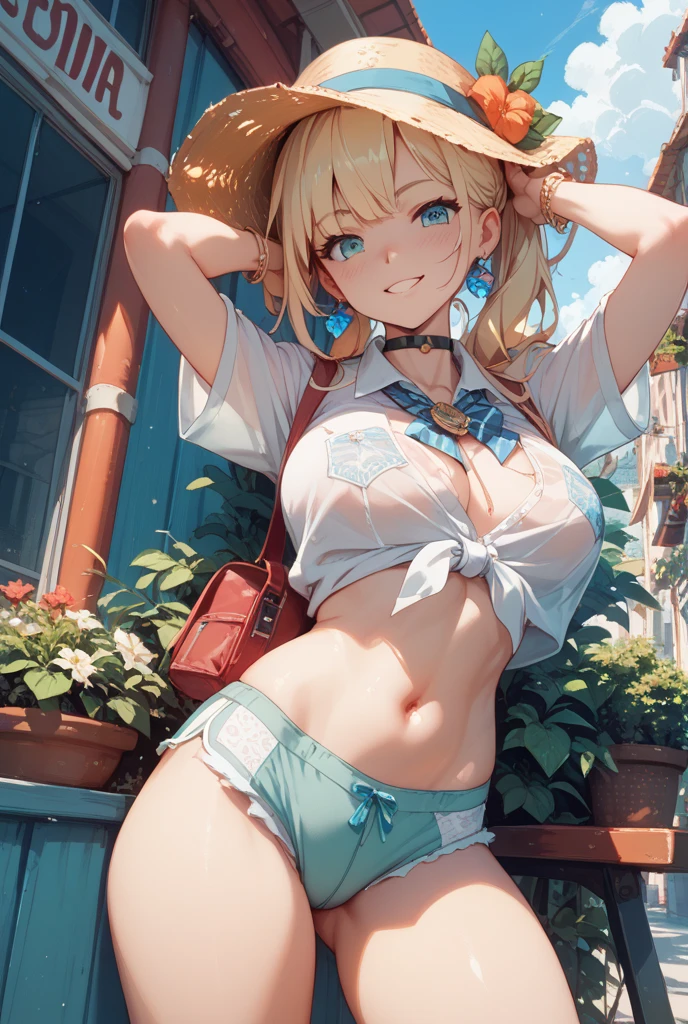 nsfw:1.4, Top quality, masterpiece, ultra high resolution, , (top quality, high resolution, 4K, detailed lighting, shaders, perfect anatomy, perfect proportions), eye of the beholder, (masterpiece, top quality) (top quality, 4K, 8K, high resolution, masterpiece: 1.2), highly detailed, (masterpiece: 1.3, top quality, ultra high resolution, ultra detailed), (top quality: 1.2), perfect eyes, perfect face, perfect lighting, (top quality, 4K, 8K, high resolution, masterpiece: 1.2), highly detailed, (top quality, 4K, 8K, high resolution, masterpiece: 1.5), highly detailed, masterpiece, top quality, ultra detailed, top quality, high resolution, 32K CG, very delicate and beautiful, illustration, high resolution, sharp focus, front lighting, glow, girl 1 person, solo, smiling, very beautiful and detailed anime face, very detailed eyes, ((masterpiece)), ((best quality)), (super detailed), ((cute)), cute, ((very detailed)), 4K, (8K), best quality, (best quality, 8K, 32k, masterpiece, super high resolution, very detailed, impressionistic:1.2), blurred background, (((two arms))) , (((two foot))), ((((four fingers and 1 thumb)))), Best quality , ((only one naval)),
(Beautiful woman). (Nice thighs: 1.7). (Beautiful face: 1.2). (Cute). (Shiny blonde hair). (Chignon: 1.4). (Bangs swept to the side to show forehead: 1.4). (Tan lines: 1.4). (Beautiful blue-green eyes). Smiling happily: 1.2. Embarrassed: 1.2. (Topless: 1.8). (White and blue polka dot bikini: 1.6). (Breasts and nipples not covered: 1.8). (Small pink areola and nipples: 1.4). (Realistic nipples: 1.4). (Big boobs: 1.8). (Full breasts: 1.6). (Nice breasts: 1.6). (Neat waist). (Slender body). (Nice butt: 1.8). (Realistic facial expression: 1.6). (Realistic skin texture: 1.6). (White choker:1.3). (Necklace:1). (Bracelet:1). (Anklet). (Beach resort:1). (Breathtaking blue sky and clouds). (Realistic background:1).