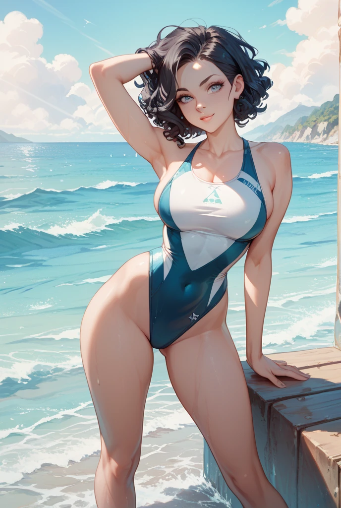 a seductive large breasted sweaty woman with white transparent leotard dancing on beach, dark skin, transparent leotard, she is smiling, silver eyes, black curly hair, short curly hair, dancing, night sky, white leotard, tanned skin, sweaty body