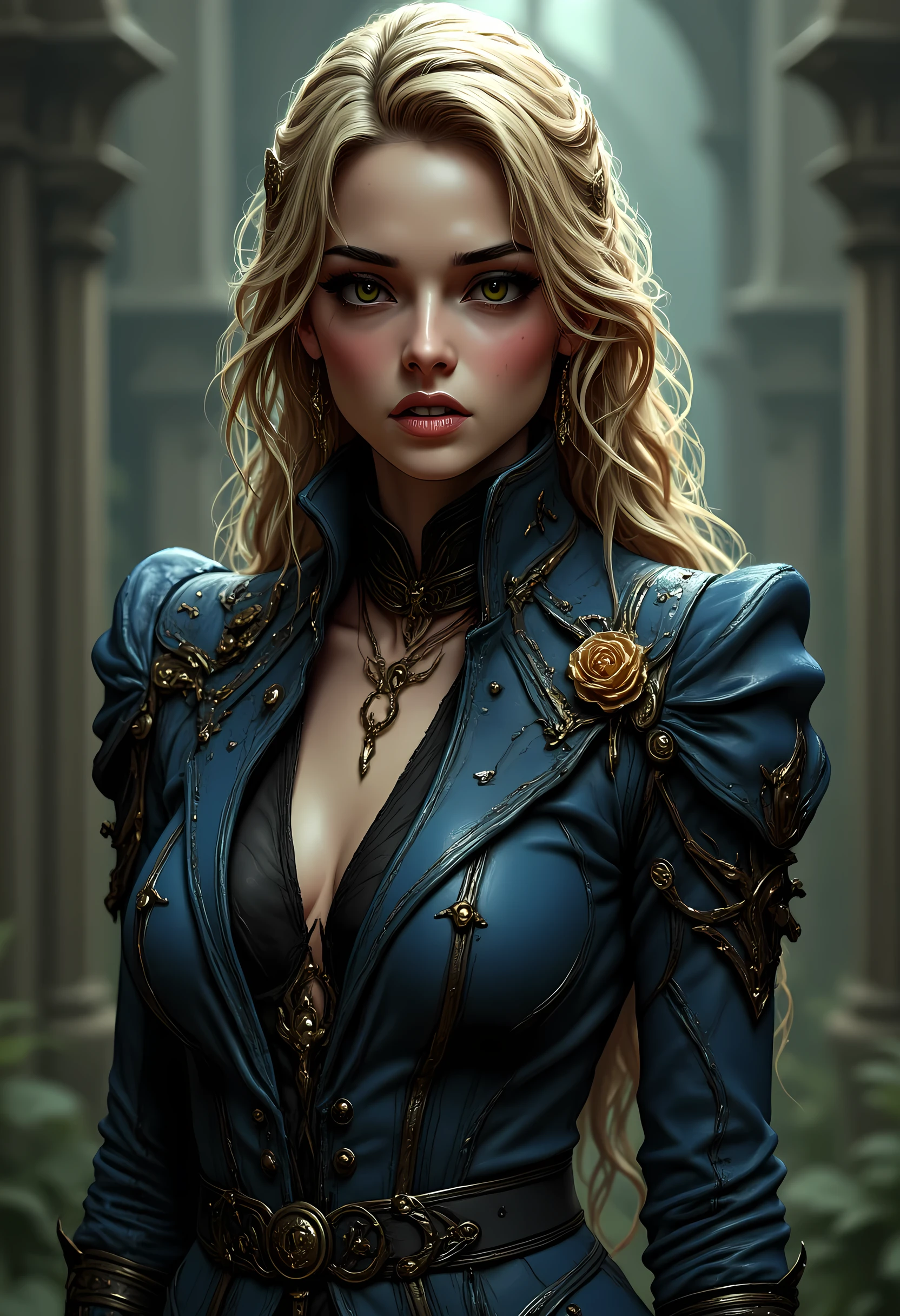 Arafed, a portrait of an vampire woman, full body shot, exotic beauty, long hair, gold hair, emerald green eyes, glowing eyes, vampire fangs, dark red lips, glamour shot, she wears an blue elegant suit, intricate suit. leather suit, small cleavage, gold rose, high heel boots, full body shot, 16k, ultra detailed, masterpiece, best quality, (extremely detailed), arafed, dnd art hyp3rd3tail style