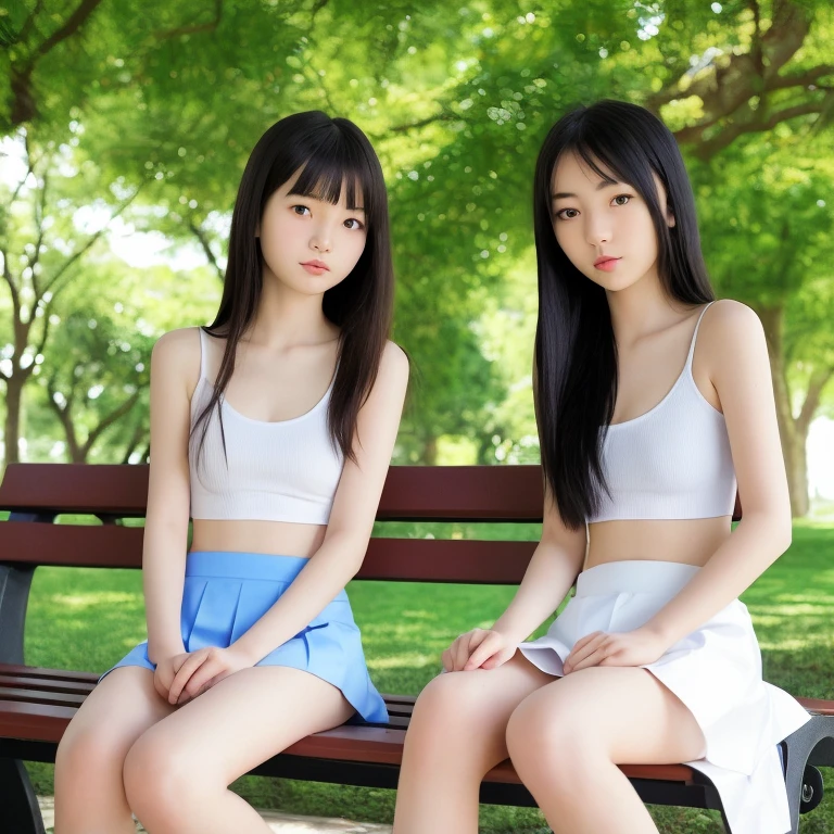 Very cute 10 year old twin girls(2 people)is having a pleasant walk in the park、Tank top、camisole、one piece、mini skirt、Long Hair、Slim body、Beautiful legs、Beautiful body、high resolution、8K、(smile)