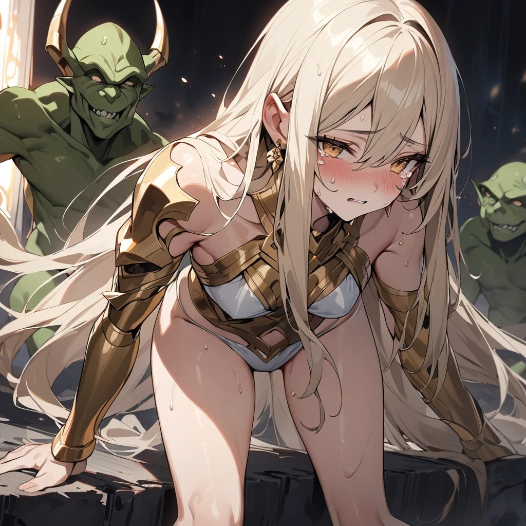 A female knight, wounded, scared face, badly torn-damaged clothes, almost naked, equipment around her, full body, defeated, bare chest , tears, cum, full body, after rape, , cum dripping from vagina, in cave, surrounded by goblins, metal armor, teared clothes