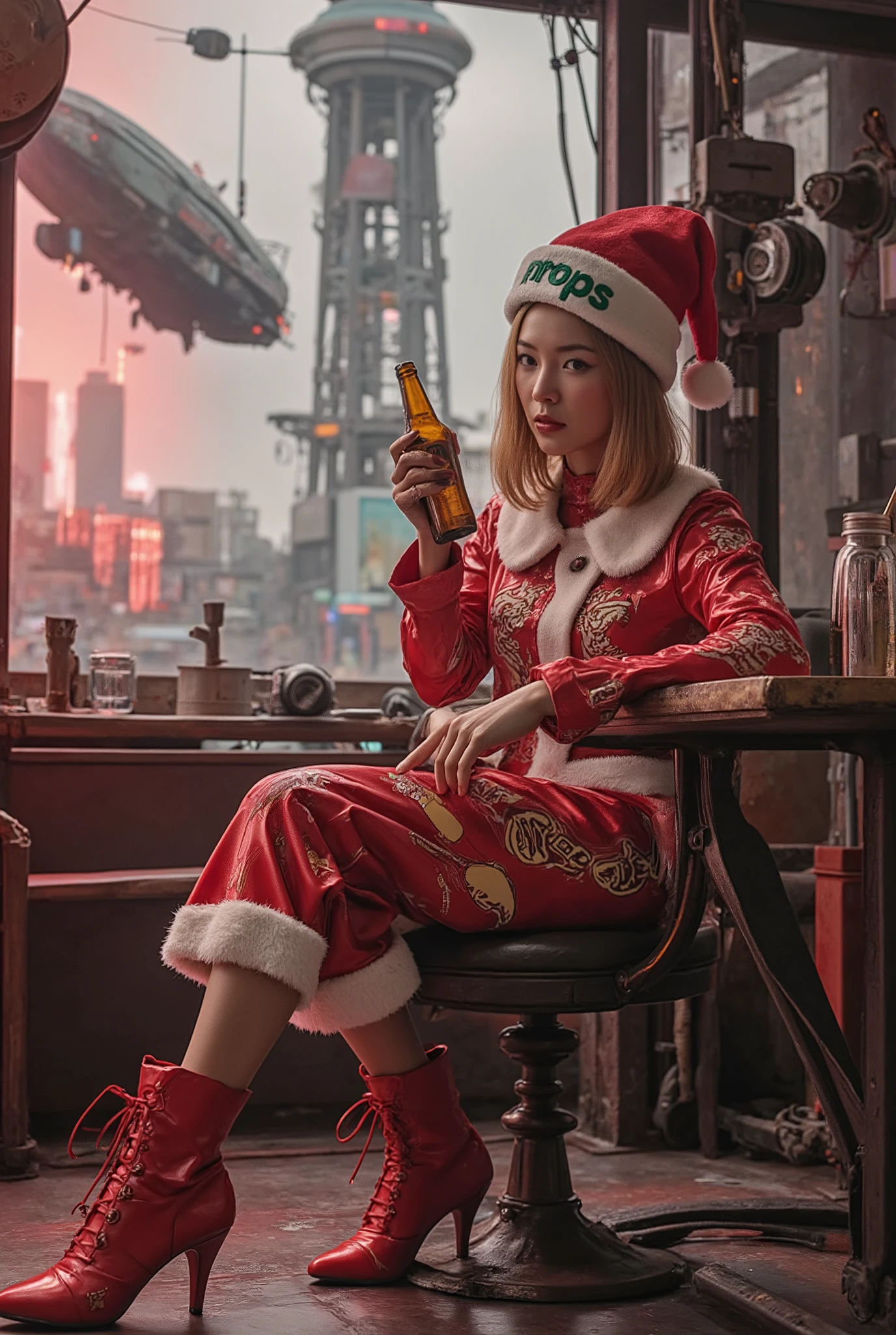 (4K resolution,Best Quality, mastery: 1.2), (realistic, realistic: 1.37),Surrealism, anatomically correct, textured skin, super detail, highres,Cute, Professional Lighting, photon mapping, radiosity, physics-based rendering,lucy \(The cyberpunk\),a cyberpunk cityscape filled with metallic structures , blending the biomechanical artistry of H.R. Giger,with the space opera illustrations of Jean Giraud,The scene is captured in a high-contrast cinematic style, with deep reds and grays evoking a mysterious beauty. This unique combination reflects the artistic style , showcasing futuristic architecture with dark tones and intricate details. In this futuristic scene, a young santy thai woman with ((blonde bob hair)) sits casually in a futuristic, industrial-style cafe.She wearing a sexy Santa Claus costume and santa hat on top,with the word ((("PROPS":1.4))) in green letters, and shorts,,holding an amber glass bottle of beer with a prominent label,smoke ,adding to the mysterious and moody atmosphere. In the background, large retro-futuristic airships float through a hazy sky. The cafe decor includes heavily weathered metal structures and eclectic furnishings, with a lot (((big Evilskull-like figures subtly appearing))) in various elements of the scene, such as lamps, prints on throw pillows, and or items in the cafe,/etc,The patterns on the coffee table, engravings on metal structures, adding to the mystery and creating a thrilling, adventurous ambiance."((perfect hands perfect fingers))#Christmas#Recypu style,